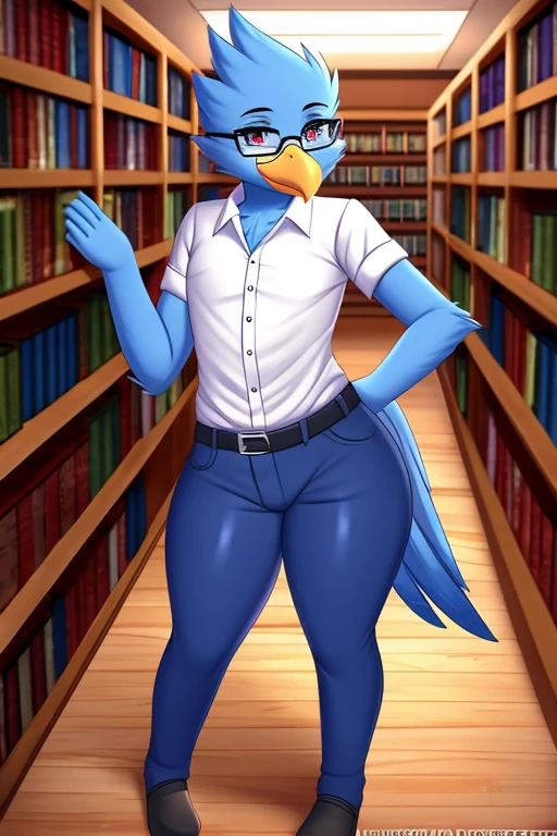 Berdly from Deltarune, professional art made by twistedscarlett60, male, avian, bird, avian tail, bird tail, blue body, blue feathers, feathery, blue skin, fully blue skin, completely blue skin, fully blue body, artist:twistedscarlett60, round glasses, thighs, thick thighs, library, school library, top-naked, black thigh-highs, pretty eyes, sitting down, smile, looking at you, sex, alien sex, tentacles deep in pussy, tentacles fucking pussy, blue breasts, big breasts,