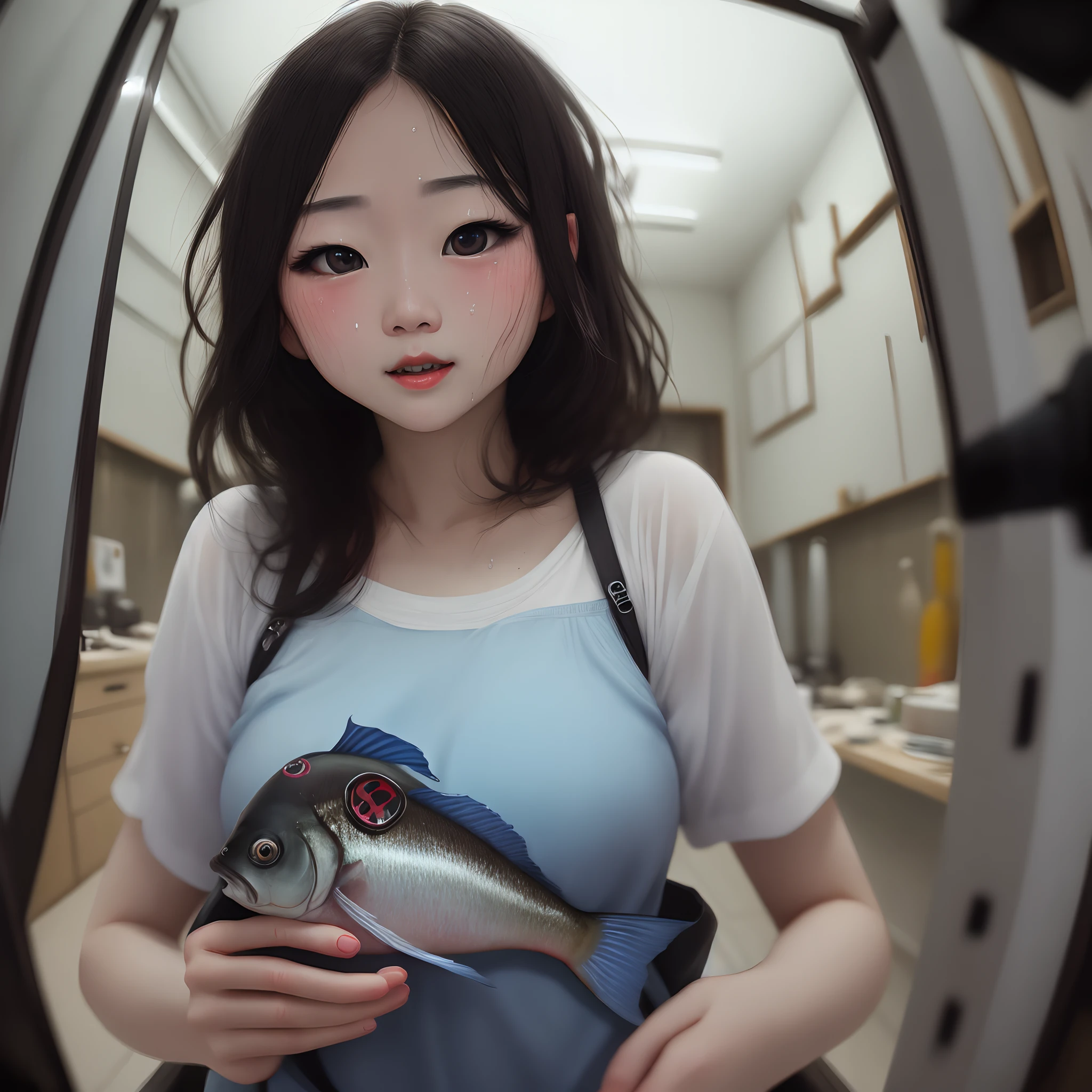 masterpiece, fish-eye lens、Beautiful imp girl , all sweaty、(hyper realism), 8k, Conscious , 8mm film grain,