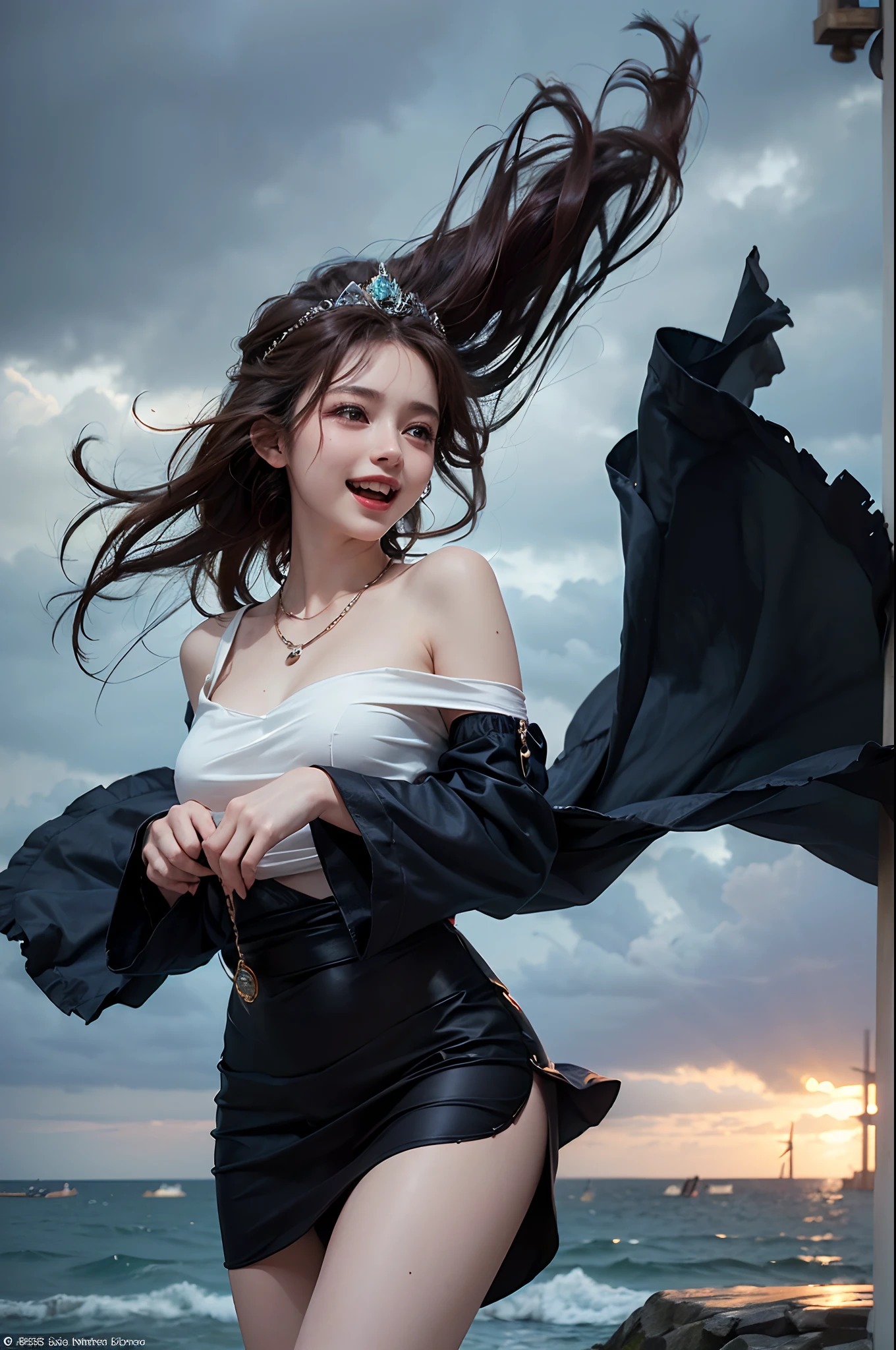 Young goddess, ((Her clothes are all flipping up in a extremely strong wind):1.6), (wearing robe, tiara, necklace), (in the nordic nature), revealing panty, (laughing), (cinematic lighting, surrealism, god rays), (masterpiece, 8K highest resolution), wide view,