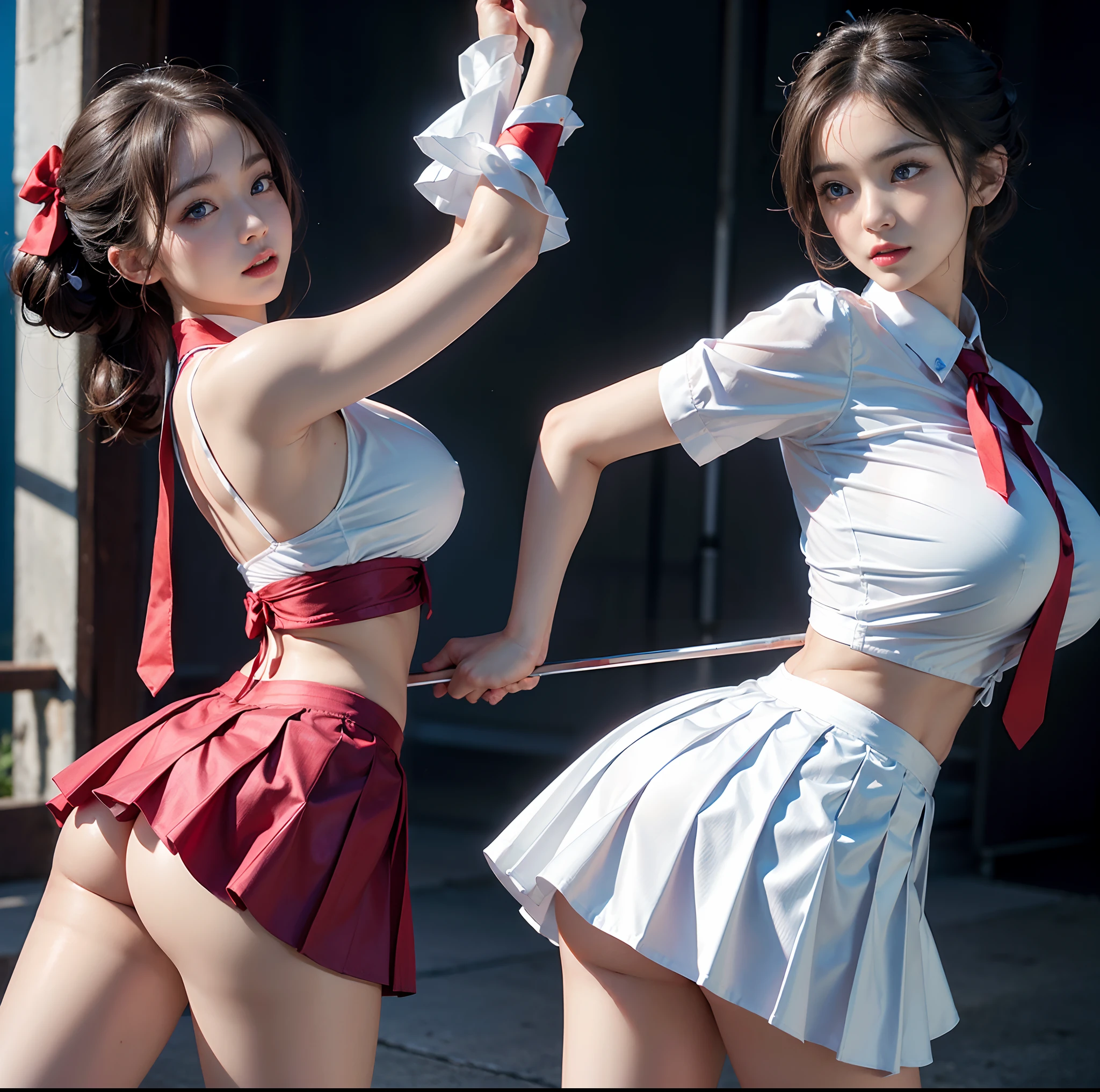 (top-quality, 4K picture quality, masterpiece, Professional lighting without shadows, A hyper-realistic), perfect anatomia, Two girls, ( with perfect body、Colossal breasts with tension:1.2), Bright and even whitening skin without wrinkles and steps, (Reflects a lot of light with bright and beautiful blue eyes with long eyelashes and plump red tear bags:1.2)、 Cute hairstyles, (Schoolgirl uniform gets wet and sticks to the skin, A tight-fitting blouse made of white ultra-thin fabric covers the upper body、Dress up with a super short super mini pleated skirt), (The skirt is too short and the big butt is exposed:1.3), ((- Proudly showing off her taut huge breasts and crimson ribbon tie from the front through her blouse)), (Another girl on the other side、Show off your big butt from right behind),