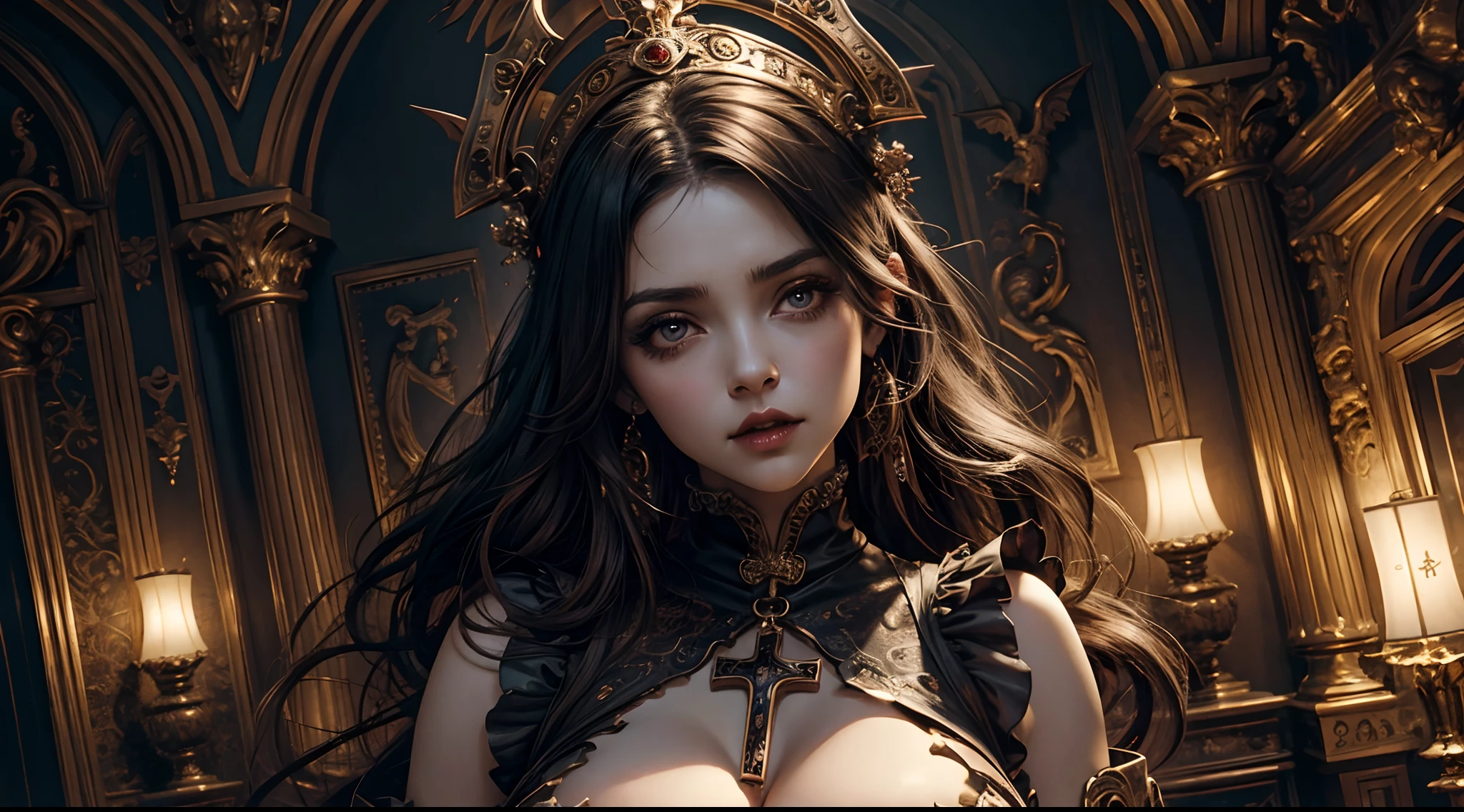 1个Giant Breast Girl,Vampires,Large breasts,Mid-range portrait,ornate decoration,gothic castle,complex patterns,crosses, hyper HD, 8K,dramatics,mystic symbols