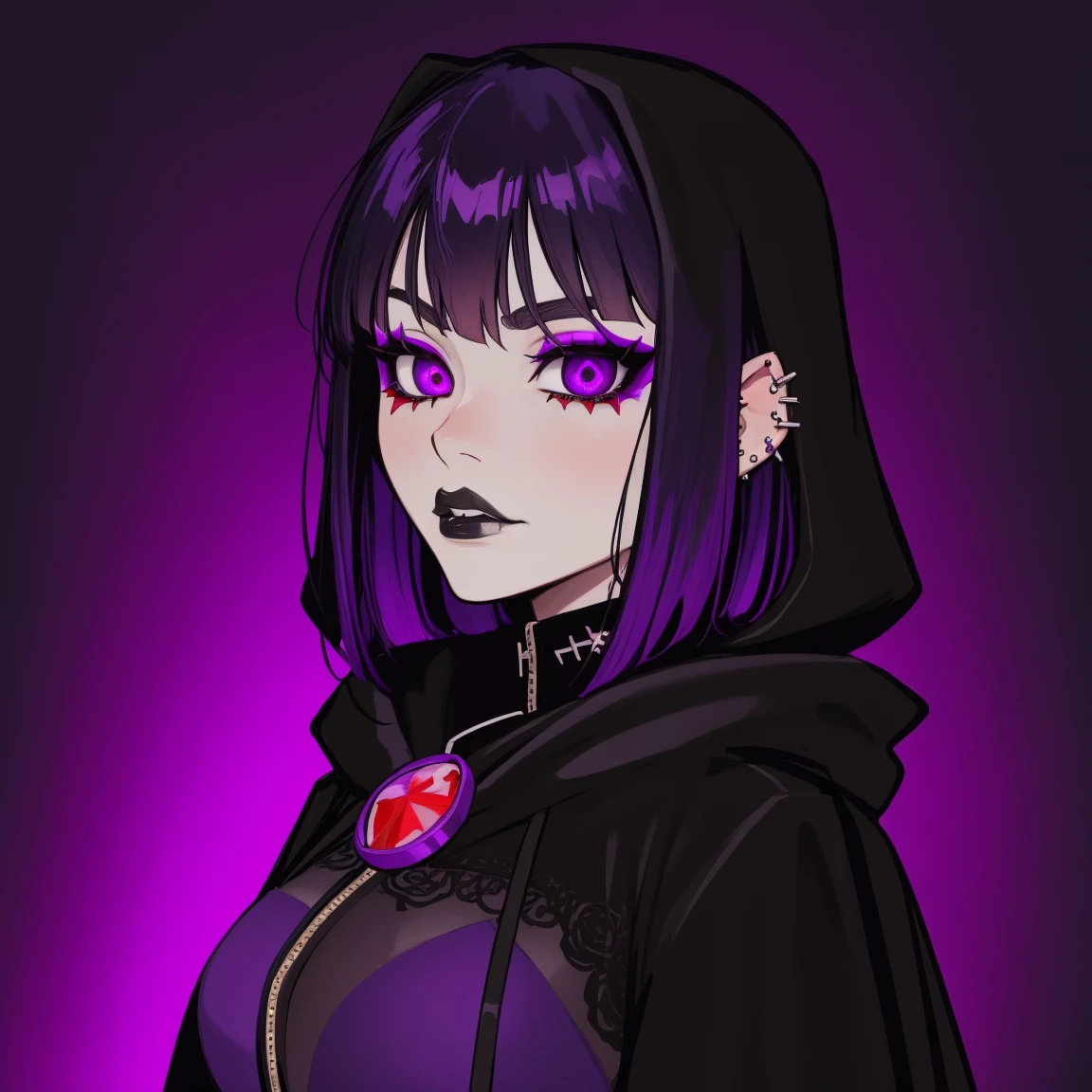 Raven, titans, hooded, goth girl, autumn forest background, detailed, detailed, detailed, beautiful, detail, goth girl, masterpiece, purple clothes, red jewel centre head, dark night background, gothic, goth, goth, detailed, goth girl, piercings, detailed face, looking viewer, raven, (Dark eye shadow) dark eye shadow, black eye shadow,