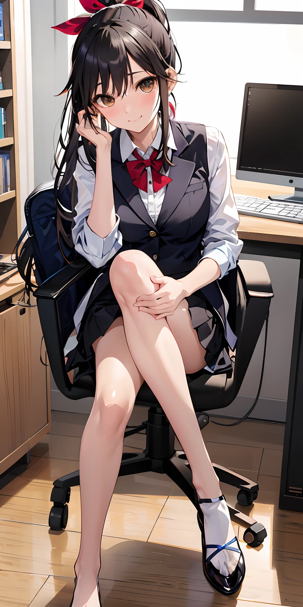 Chic ass, Sitting on chair desk, Take a look at us, Pink G-string, Detailed thick G-string, (Long socks), Twin-tailed, Black and Red High School Girl Uniform, crass room, Take a look at us, Soft and surprised smile, Skirt, Random hair color, blush, Sitting, Red Eyes, (ass forcus)