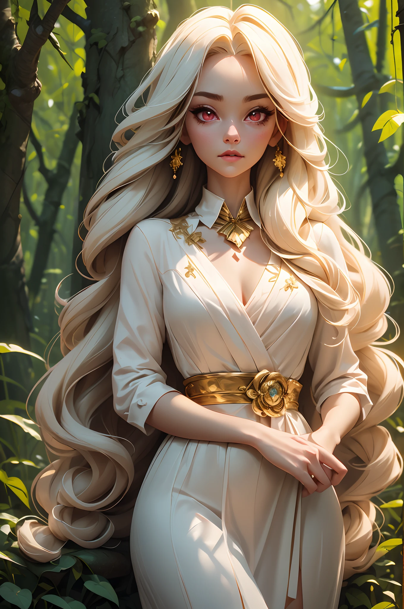 A stunning girl with long white hair, Fair skin, and red eyes, In the forest with movie lighting, Dark and low light. She wore a golden white dress, Her eyes focused, looking at viewert. Her skin is fair, Her face is delicate and flawless, A masterpiece, highest quality art. The image is a very detailed 8K CG wallpaper, Features art cinematic lighting and cinematic tones with neutral filters.