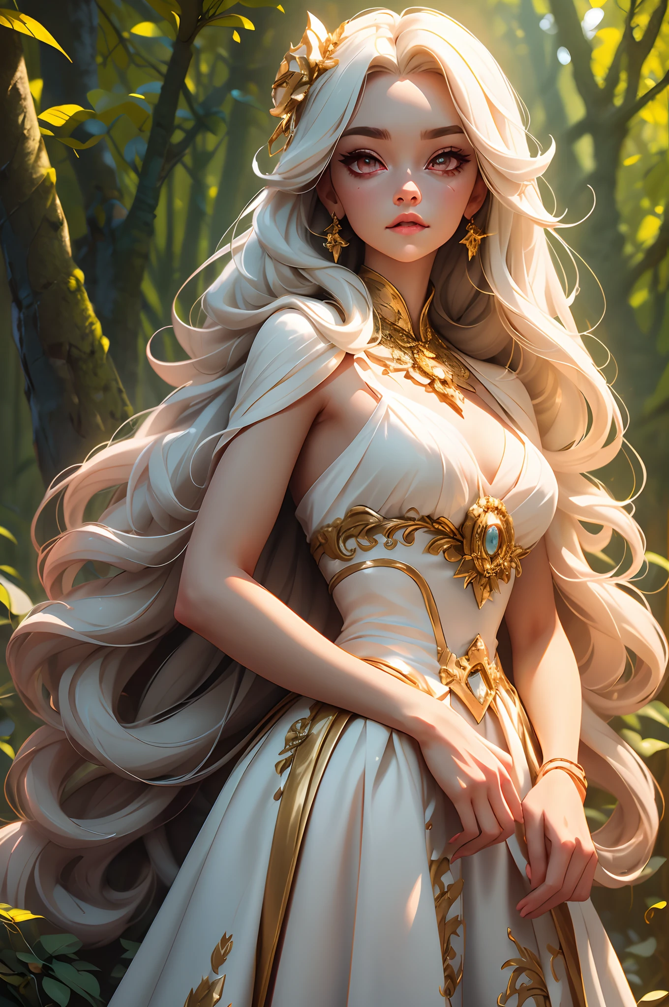 A stunning girl with long white hair, Fair skin, and red eyes, In the forest with movie lighting, Dark and low light. She wore a golden white dress, Her eyes focused, looking at viewert. Her skin is fair, Her face is delicate and flawless, A masterpiece, highest quality art. The image is a very detailed 8K CG wallpaper, Features art cinematic lighting and cinematic tones with neutral filters.
