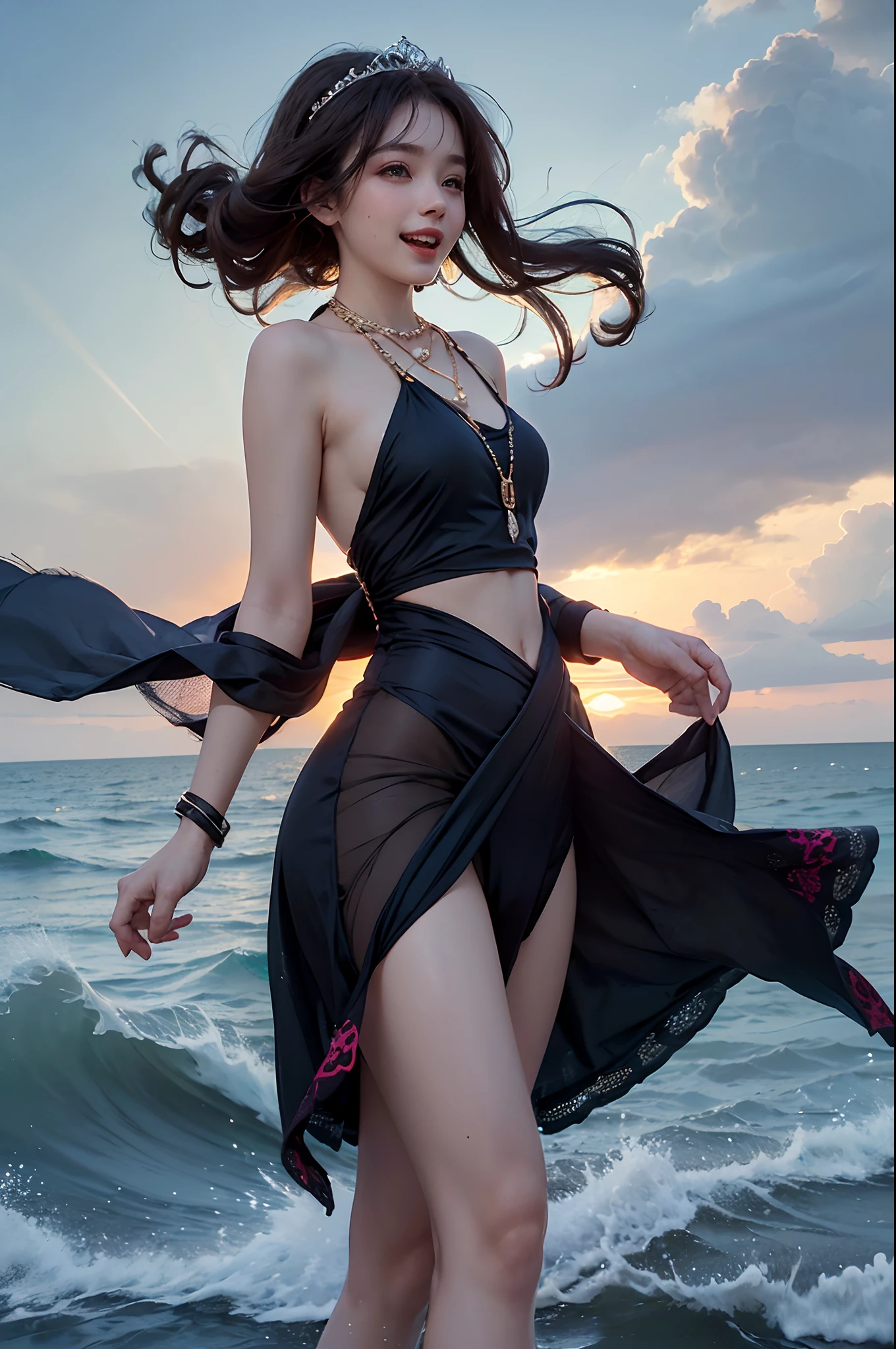 Young goddess, ((Her clothes are all flipping up in a extremely strong wind):1.6), (wearing robe, tiara, necklace), (in the nordic nature), revealing panty, (laughing), (cinematic lighting, surrealism, god rays), (masterpiece, 8K highest resolution), wide view,