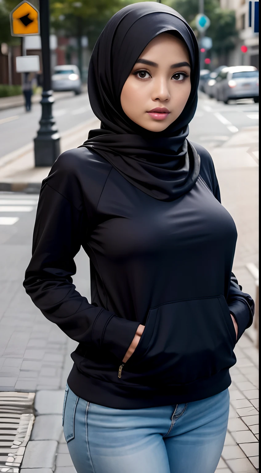Arafed woman in a black top and jeans standing on a sidewalk - SeaArt AI