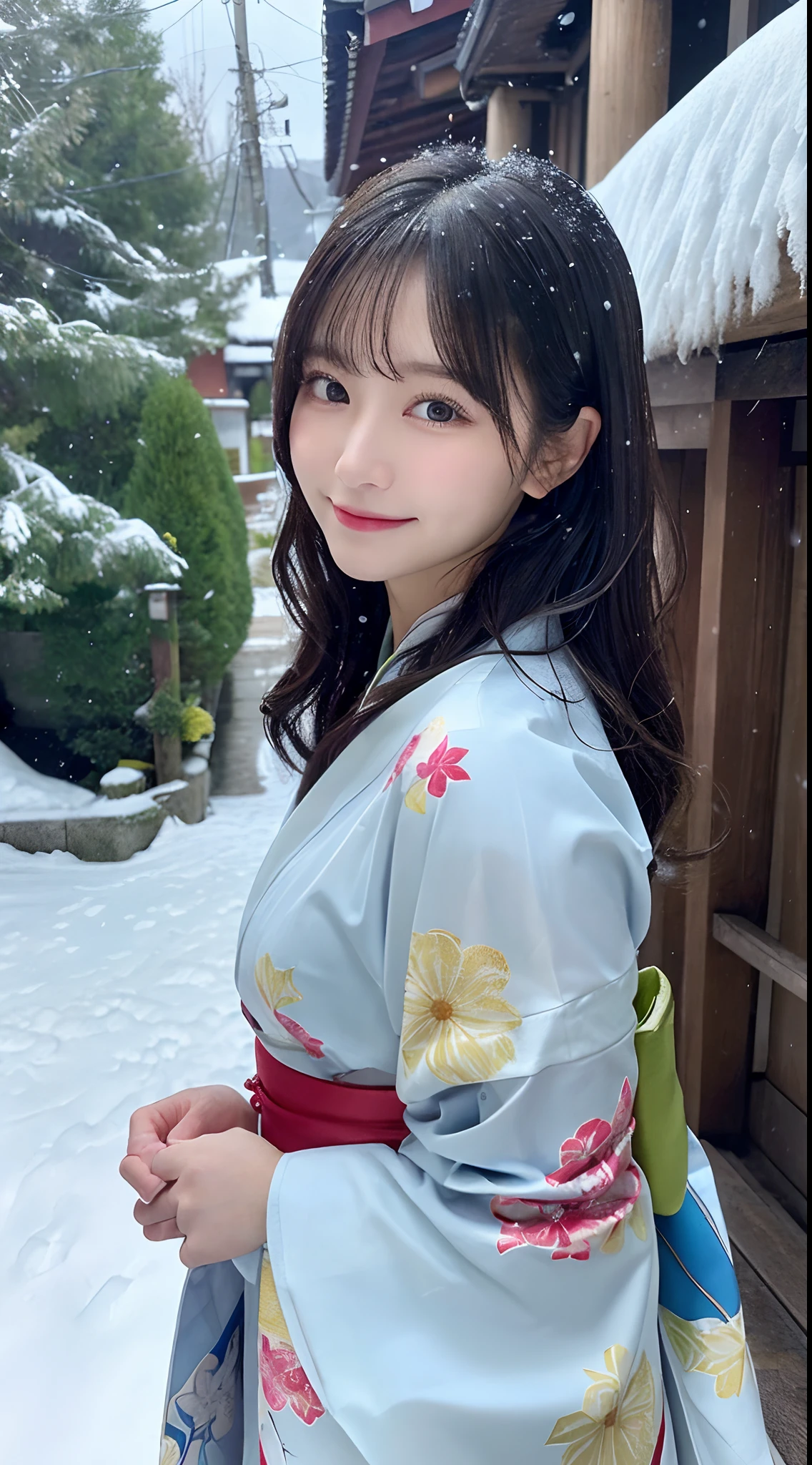 (Kimono)、、(top-quality,​masterpiece:1.3,超A high resolution,),(ultra-detailliert,Caustics),(Photorealsitic:1.4,RAW shooting,)Ultra-realistic capture,A highly detailed,high-definition16Kfor human skin、 Skin texture is natural、、The skin looks healthy with an even tone、 Use natural light and color,One Woman,japanes,,kawaii,A dark-haired,Middle hair,(depth of fields、chromatic abberation、、Wide range of lighting、Natural Shading、)、、(Falling snow:1.2)、(Hair swaying in the wind:1.2)、(Snow reflects light:1.2)、Back lighting、Slightly open mouth、Surprised look、Happy expression、Facing the front、Big、the chest is bulging、chest sticks out、You can see the valley.