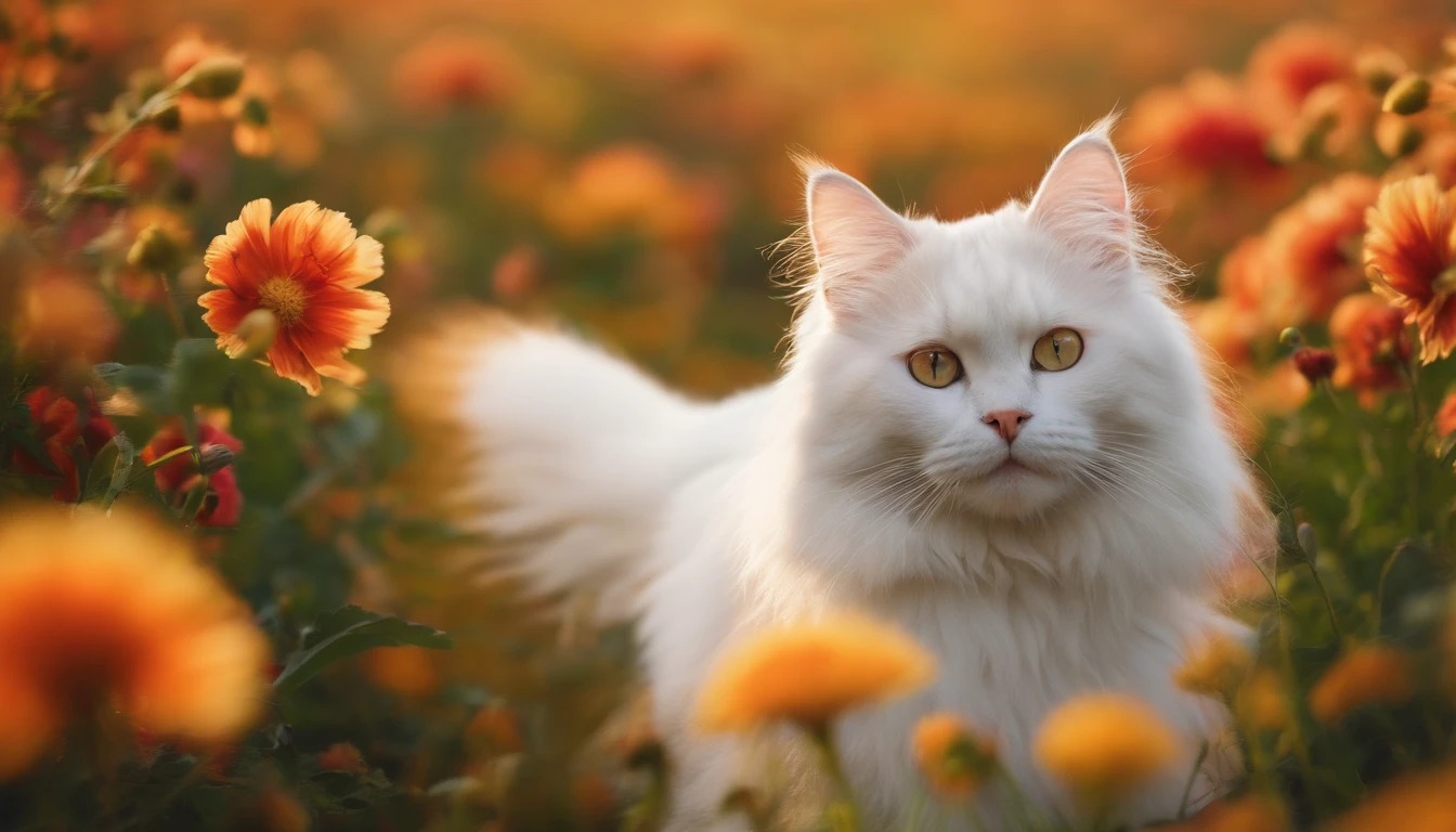A fluffy cat in a flower field、Looking straight ahead with a smile
