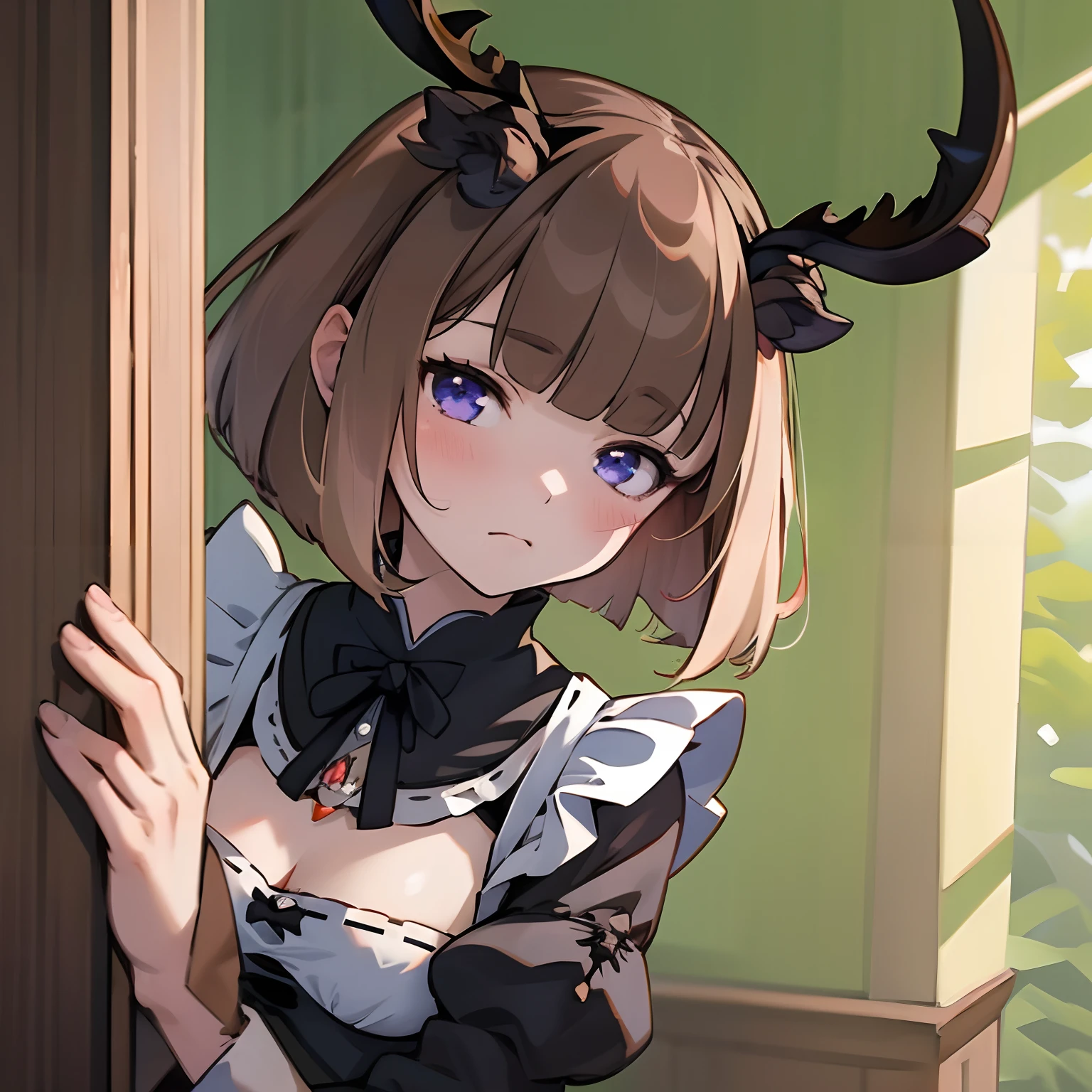 peeking out upper body, beautiful, masterpiece, best quality, extremely detailed face, perfect lighting, 1girl,deer ears, antlers, brown hair, short hair, blue rose, (roswaal mansion maid uniform:1.3), cleavage, small breasts