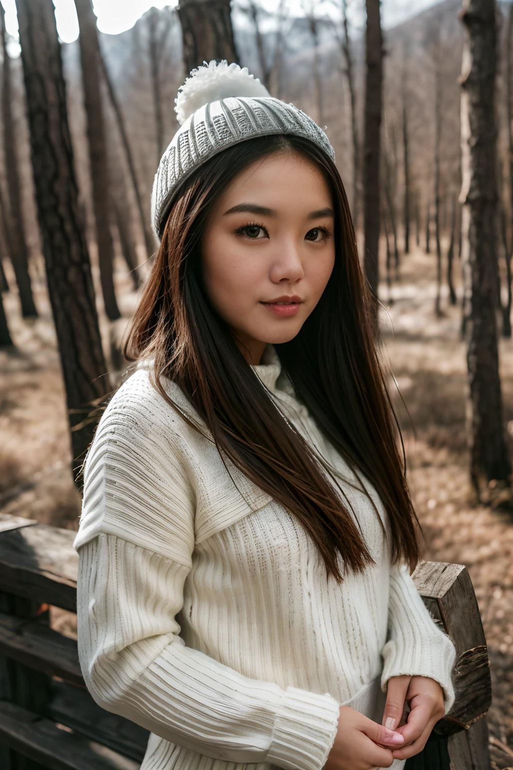 Chinese young woman photo, Sweaters for winter hiking, cabelos preto e longos, (highdetailskin:1.2), 8K  UHD, Digital SLR, Soft lighting, High quality, filmgrain, Fujifilm XT3,