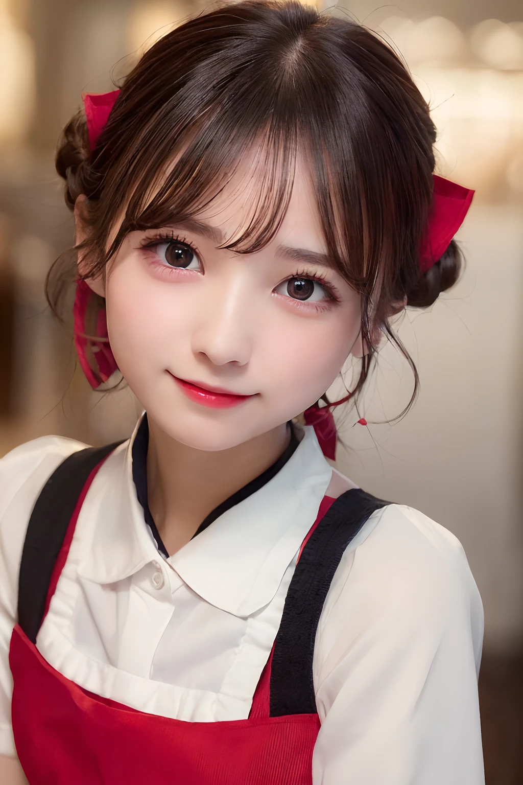 ((best quality, 8K, masterpiece)), ultra detailed, sharp focus, 1 cute girl, ((red apron:1.4)), (updo:1.4), (simple collared shirts:1.4), highly detailed face and skin texture, ((detailed eyes)), ((beautiful black eyes:1.2)), (smile:1.15), (closed mouth), (cafe)