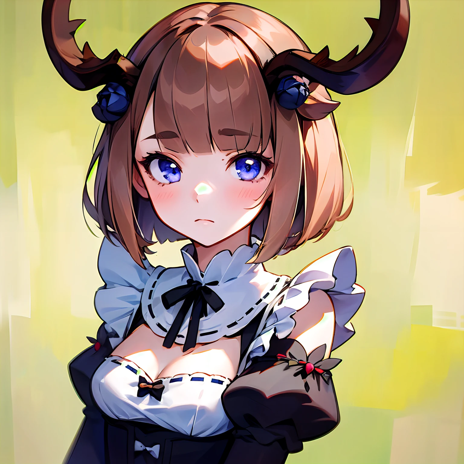 beautiful, masterpiece, best quality, extremely detailed face, perfect lighting, 1girl,deer ears, antlers, brown hair, short hair, blue rose, (roswaal mansion maid uniform:1.3), cleavage, small breasts, peeking out upper body