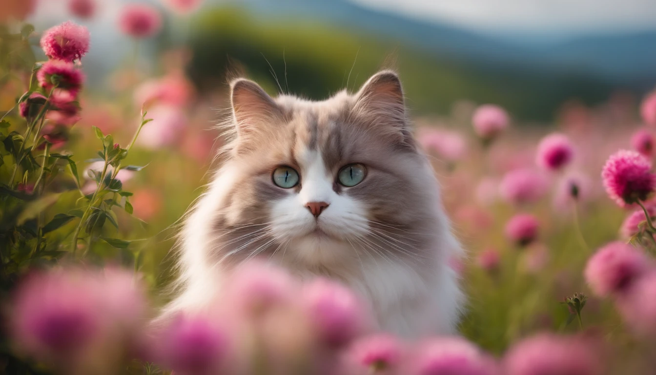 A fluffy cat in a flower field、Looking straight ahead with a smile