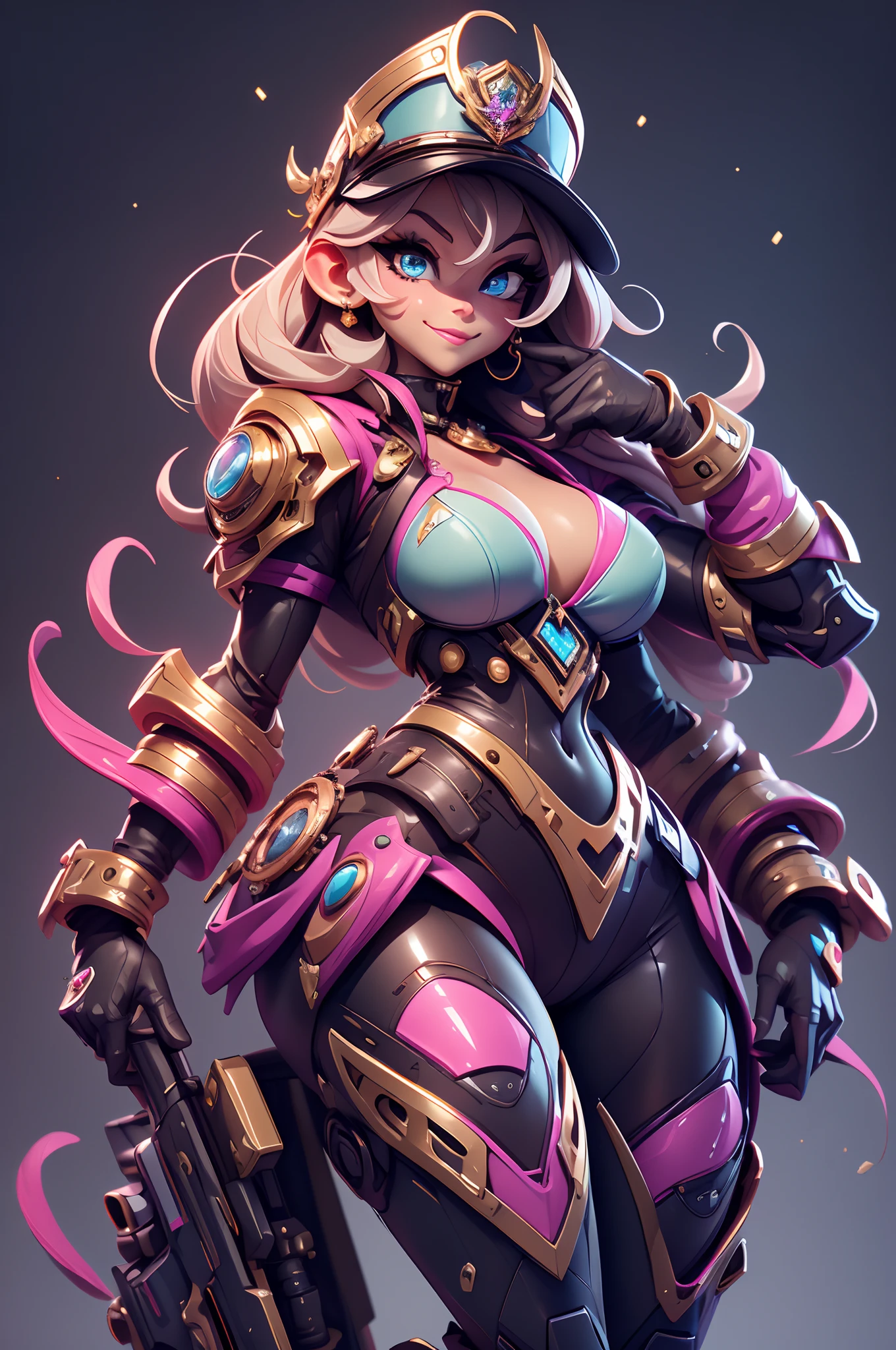 A fantz monster design, Cute robots in space [style-rustmagic]，female robot，Half-human, tmasterpiece，（tmasterpiece，top-quality，best qualityer），1girll， jewely，耳Nipple Ring，choker necklace，bangle，  hoop earings， circle glasses，sun glasses， Long hair and long meat， Blonde hair，Black color hair，Silvery-white hair，Maroon hair， 独奏，  ssmile，  looking at viewert， motorvehicle，The Car， Sports cars，groundvehicle， Sat down， exteriors， daysies， nedium breasts，Open navel， dark skinned female，  Estampados florales， grinning smile，collars，Laser cloth，Sexy bikini，laser，holy rays，gold foil，Gold leaf art，glitter drawing，Correct anatomy，Detailed face, Detailed eyes，Chest exposed，