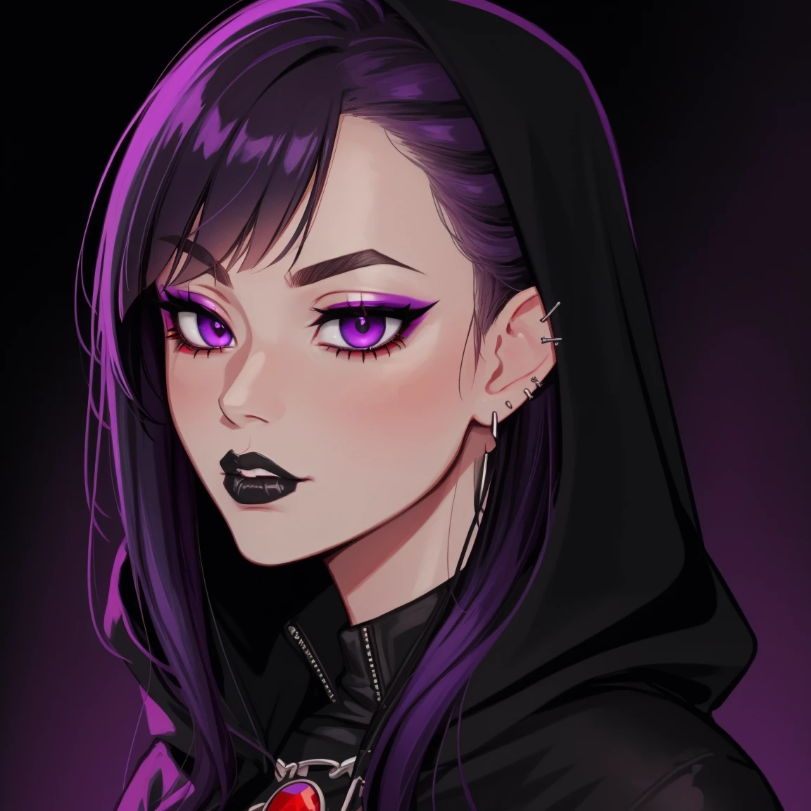 Raven kissing raven, yuri, kiss, teen titans, hooded, goth girl, autumn forest background, detailed, detailed, detailed, beautiful, detail, goth girl, masterpiece, purple clothes, red jewel centre head, dark night background, gothic, goth, goth, detailed, goth girl, piercings, detailed face, looking viewer, raven, (Dark eye shadow) dark eye shadow, black eye shadow,