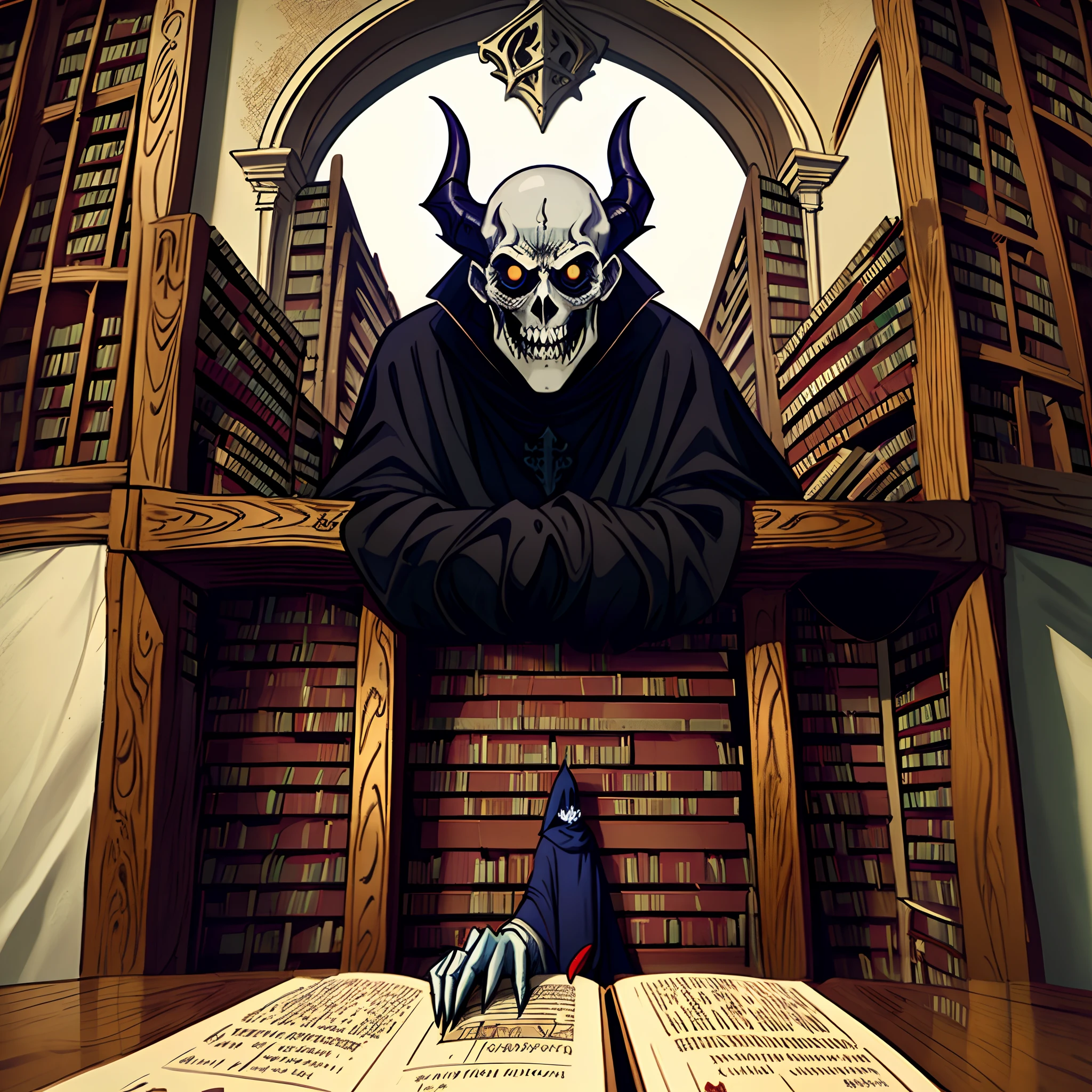 Male evil scary devil watching medieval library gothic  not cartoon  with color