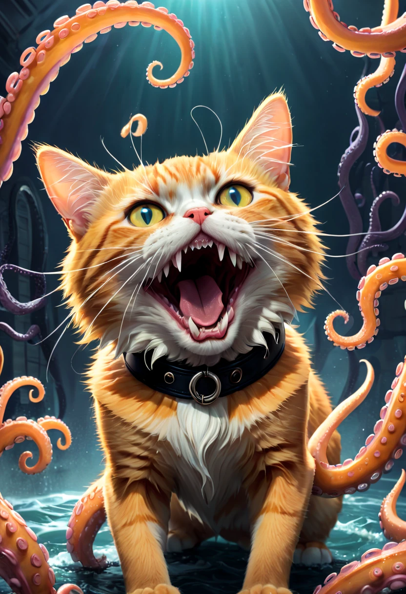 a detailed flerken, from marvel comics, orange cat with (tentacles in the mouth:1.3), epic scene, wearing a black collar, (cinematic:1.2), dynamica angle, masterpiece, best quality