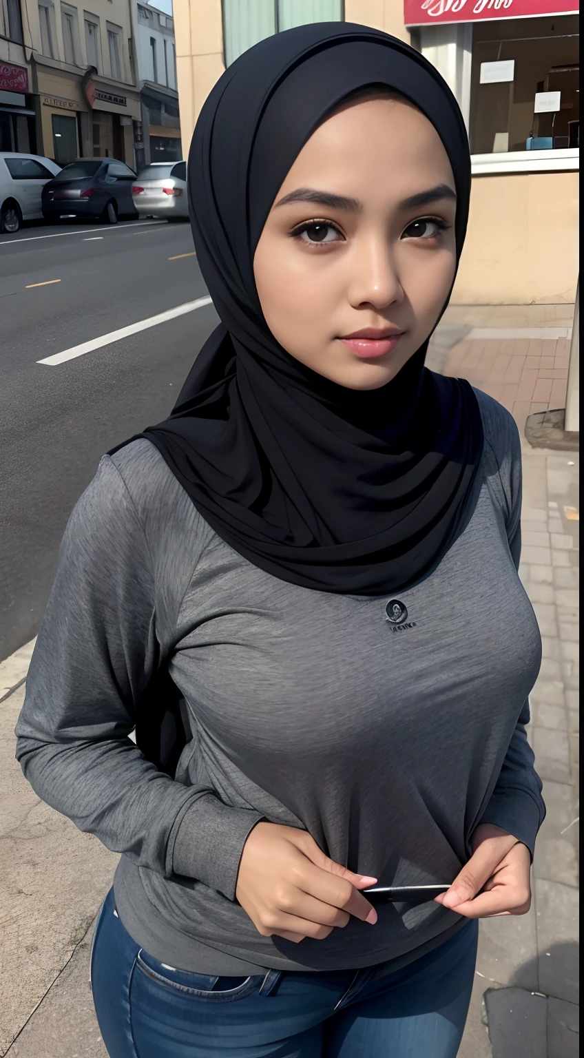 Best quality, high resolution, masterpiece: 1.3), a beautiful malay woman in hijab, big breasts, slim figure, sweatshirt, beautifully presented details in the street and facial and skin texture, detailed eyes, double eyelids, big eyes