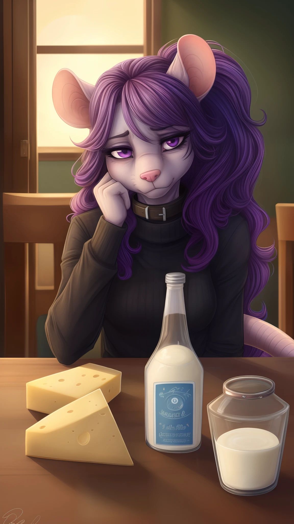Solo:1.3, Kaori, purple furry squirrel girl, purple hair, purple furry body, blue eyes, black nose, snout, small tail, wearing black baggy sweater, black panties, bare legs, sitting by a window, holding a cup of coffee, heavy rain outside, rain visible through window, storm outside, blushing, content face, by hyattlen