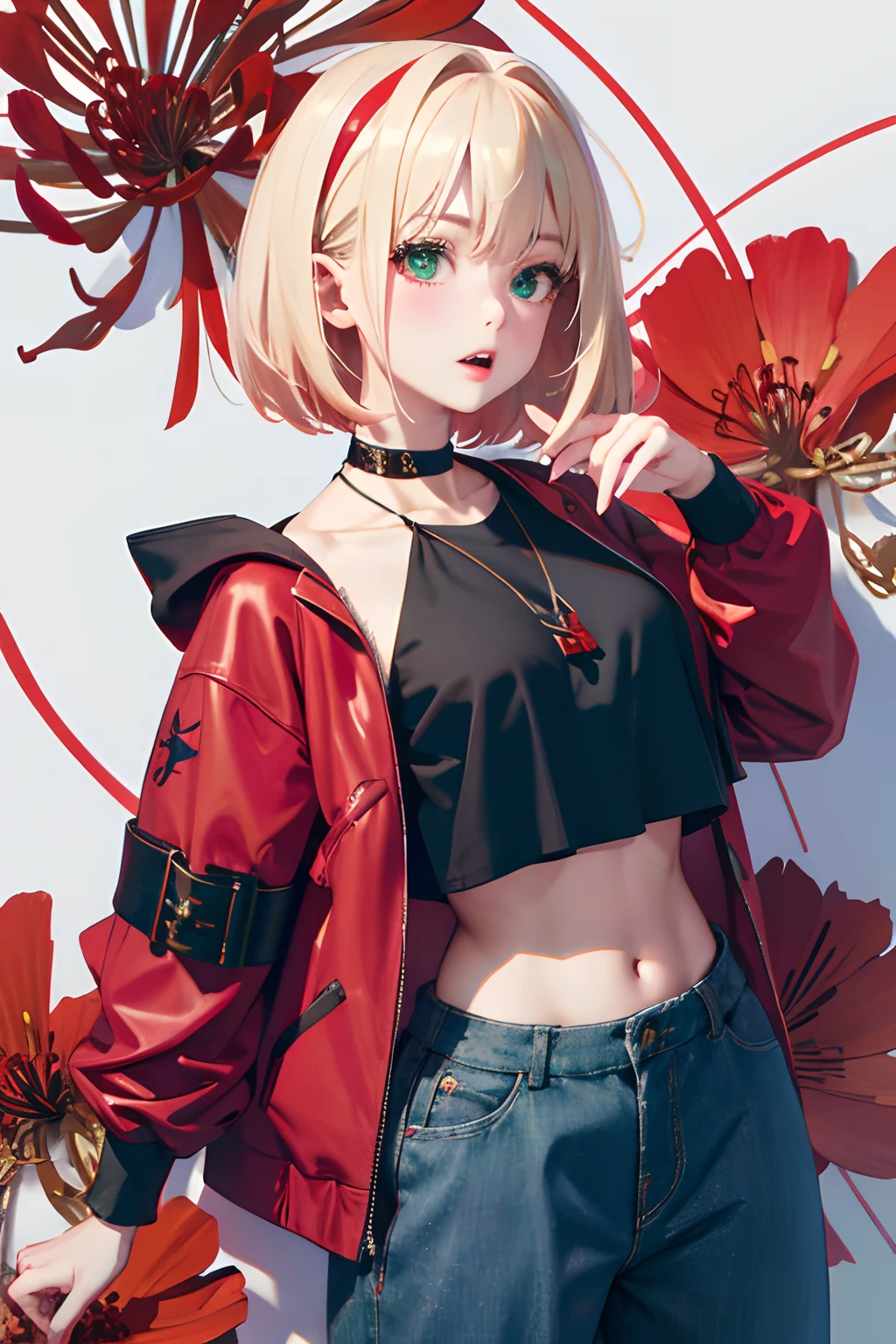 (Fine, beautiful eyes and detailed face)、cinematlic lighting、bustshot、the Extremely Detailed CG Unity 8K Wallpapers、(top-quality、hight resolution、8K、masterpiece:1.2)。Curvaceous but slender、Muchimuchi Body、Red Higan Flower Garden、The whole area is full of red Higan flowers、Red Spider Lily、Grinning Woman、Red spider lily sits in the middle of blooming。With a somewhat horror look、Eight teeth are characteristic。Wear bloody clothes、Has an ax。The crazy look and the gap between her and Red Spider Lily、Enhance her beauty even more。Half-undressed hoodie、accessorized、Mole、eyebrows、double tooth、canine teeth、poneyTail、Muscular nose、clear, detailed green eyes、blondehair、Hats、校服、red blush、short-haired、a choker、fleshy lips、Physical beauty、well-muscled、Raise headband bangs、Oforehead、Mysterious fashion、Street fashion、Anime style、animesque、Oversized trousers、Unreal、Fashion based on green and black、Backgrounds with depth、The background is a bright red Higan flower field that spreads all over the place、10,000 Red Spider Lily。a necklace、Bracelets、Misanga、arm band、colorful backdrop、Light and Wall Co-star、Little black cat clinging to his shoulder、Original face、(dark themed:1.3)、Dark Fantasy、