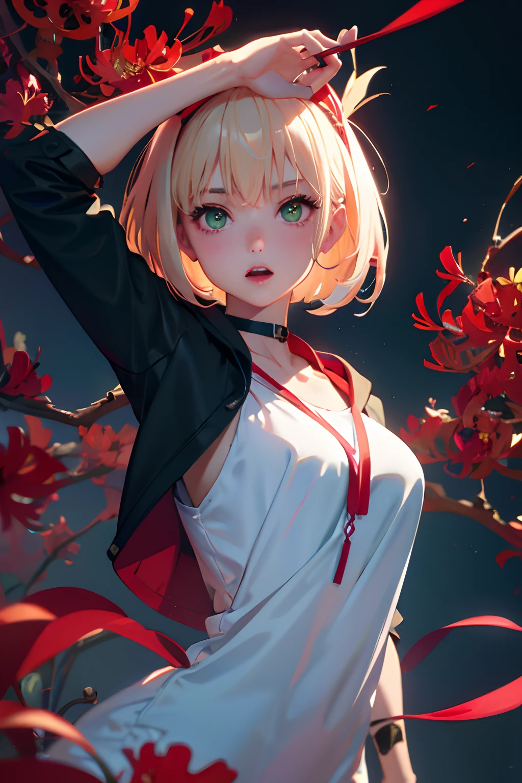 (Fine, beautiful eyes and detailed face)、cinematlic lighting、bustshot、the Extremely Detailed CG Unity 8K Wallpapers、(top-quality、hight resolution、8K、masterpiece:1.2)。Curvaceous but slender、Muchimuchi Body、Red Higan Flower Garden、The whole area is full of red Higan flowers、Red Spider Lily、Grinning Woman、Red spider lily sits in the middle of blooming。With a somewhat horror look、Eight teeth are characteristic。Wear bloody clothes、Has an ax。The crazy look and the gap between her and Red Spider Lily、Enhance her beauty even more。Half-undressed hoodie、accessorized、Mole、eyebrows、double tooth、canine teeth、poneyTail、Muscular nose、clear, detailed green eyes、blondehair、Hats、校服、red blush、short-haired、a choker、fleshy lips、Physical beauty、well-muscled、Raise headband bangs、Oforehead、Mysterious fashion、Street fashion、Anime style、animesque、Oversized trousers、Unreal、Fashion based on green and black、Backgrounds with depth、The background is a bright red Higan flower field that spreads all over the place、10,000 Red Spider Lily。a necklace、Bracelets、Misanga、arm band、colorful backdrop、Light and Wall Co-star、Little black cat clinging to his shoulder、Original face、(dark themed:1.3)、Dark Fantasy、
