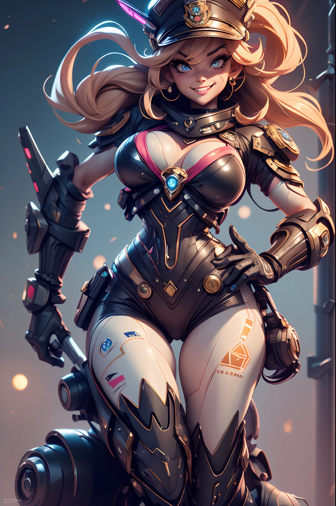 A fantz monster design, Cute police robot [style-rustmagic]，Policewoman robot ，Half-human, tmasterpiece，（tmasterpiece，top-quality，best qualityer），cabellos largos dorados，bobo head, side parted hair，（Police 1.6），wear police cap，Police badge，cycle，（Riding on a motorcycle），grinning smile，collars，Laser cloth，Sexy bikini，，glitter drawing，Correct anatomy，Detailed face, Detailed eyes，Chest exposed，Background with：Cidade futuristica，exteriors，fluorescent light，sense of science and technology，revealing breasts，Exposing thighs，Expose the genitals，Long hair and long flesh，Sensual and sensual，Movie overlay, Vivid colors, Cool soft lighting, Chicago by night, wind blown, Greg Lutkoki style
