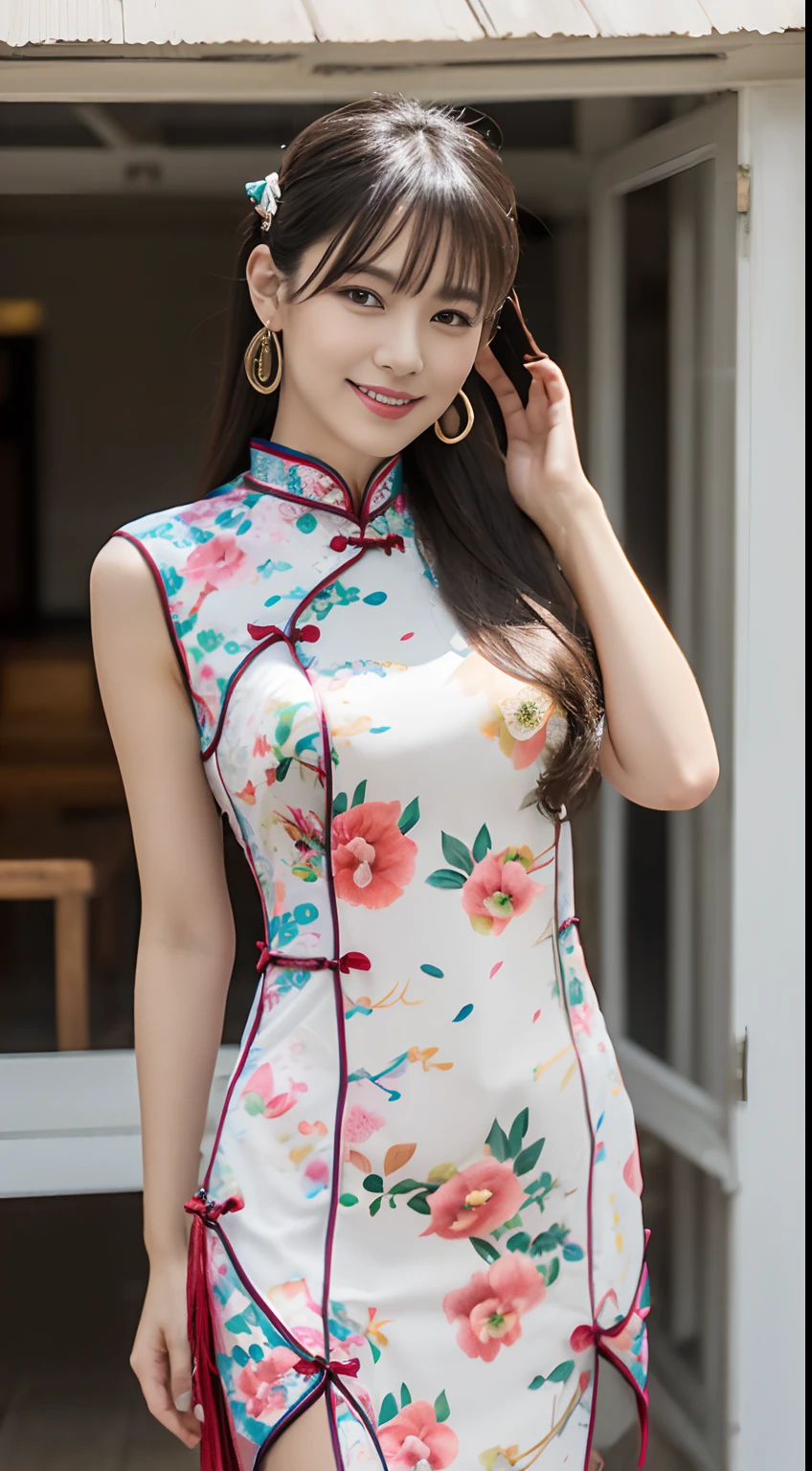 (top-quality、超A high resolution、masterpiece:1.3), Midhair with bangs, Detailed moisturized eyes, Textured skin, Best Quality, in 8K, blurry backround, (Colossal tits, long legged, Legs exposed through slits), Natural Color Lip, ssmile, Woman with perfect style, You're in a high-traffic area, (Girl in cheongsam with colorful pattern:1.2), Facing the front, Looking at the camera