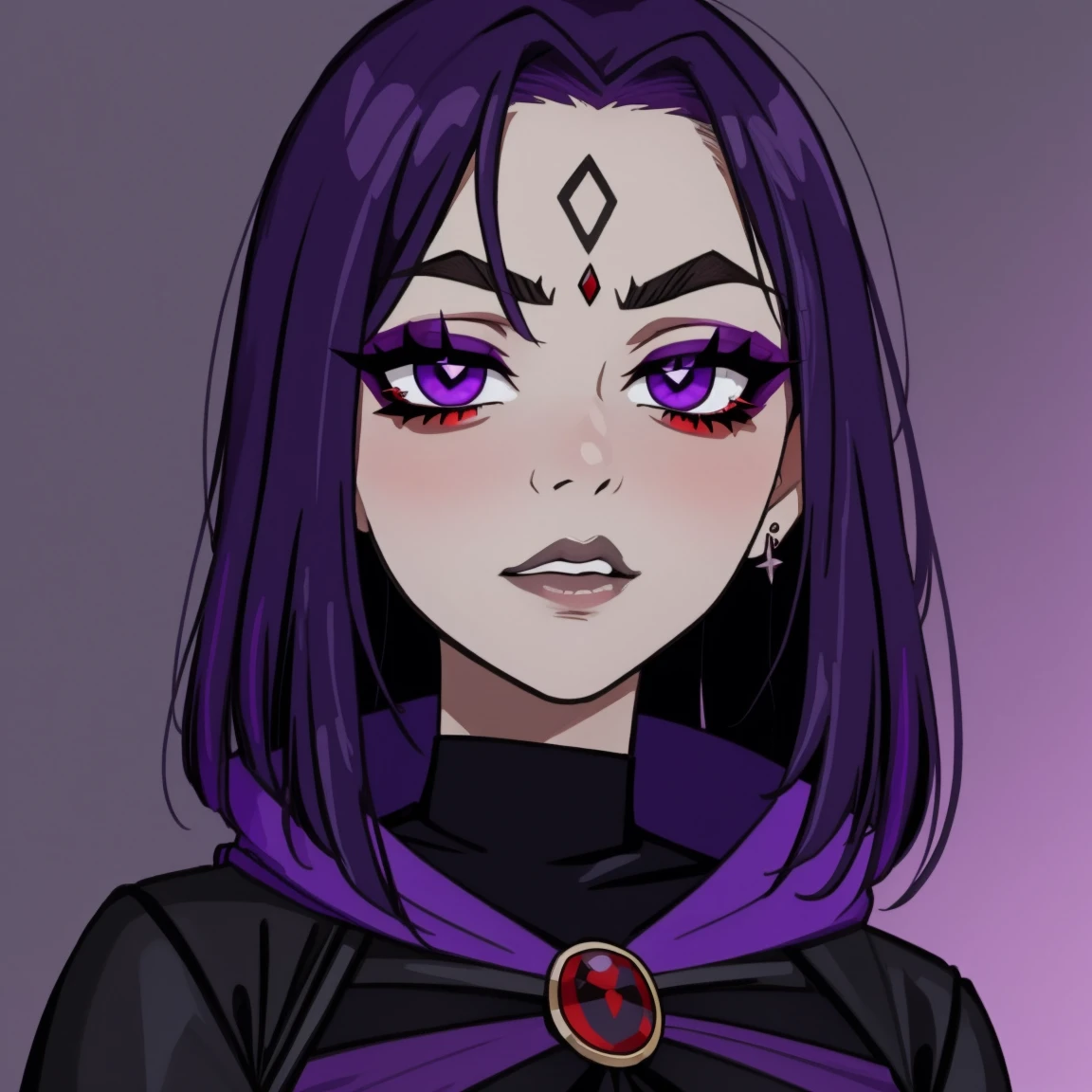 Raven, teen titans, purple sweater, jeans, goth girl, autumn forest background, detailed, detailed, detailed, beautiful, detail, goth girl, masterpiece, purple clothes, red jewel centre head, dark night background, gothic, goth, goth, detailed, goth girl, piercings, detailed face, looking viewer, raven, (Dark eye shadow) dark eye shadow, black eye shadow,