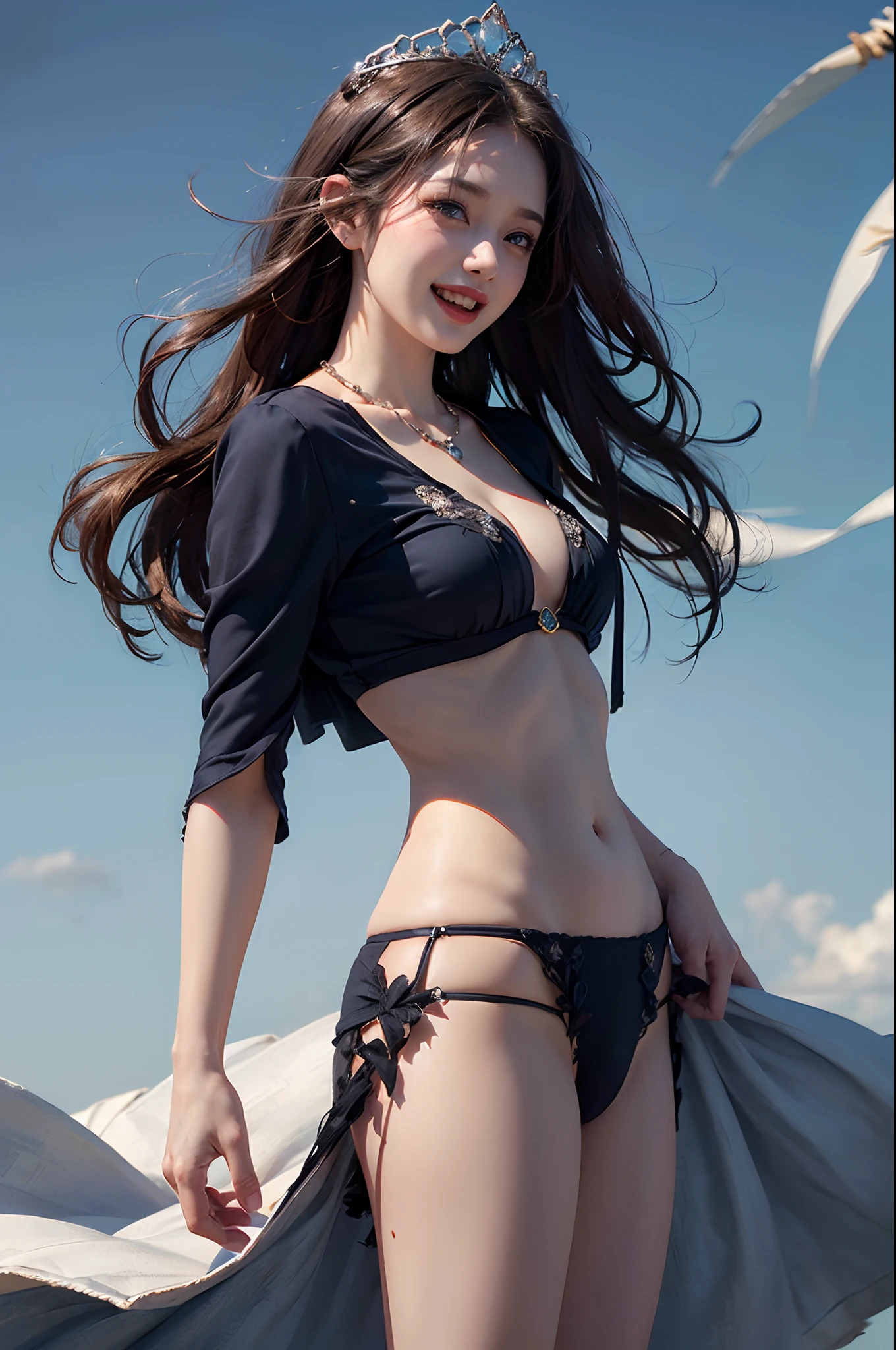 Young goddess, ((Her clothes are all flipping up in a extremely strong wind):1.6), (wearing robe, tiara, necklace), (in the nordic nature), revealing panty, (laughing), (cinematic lighting, surrealism, god rays), (masterpiece, 8K highest resolution), wide view,
