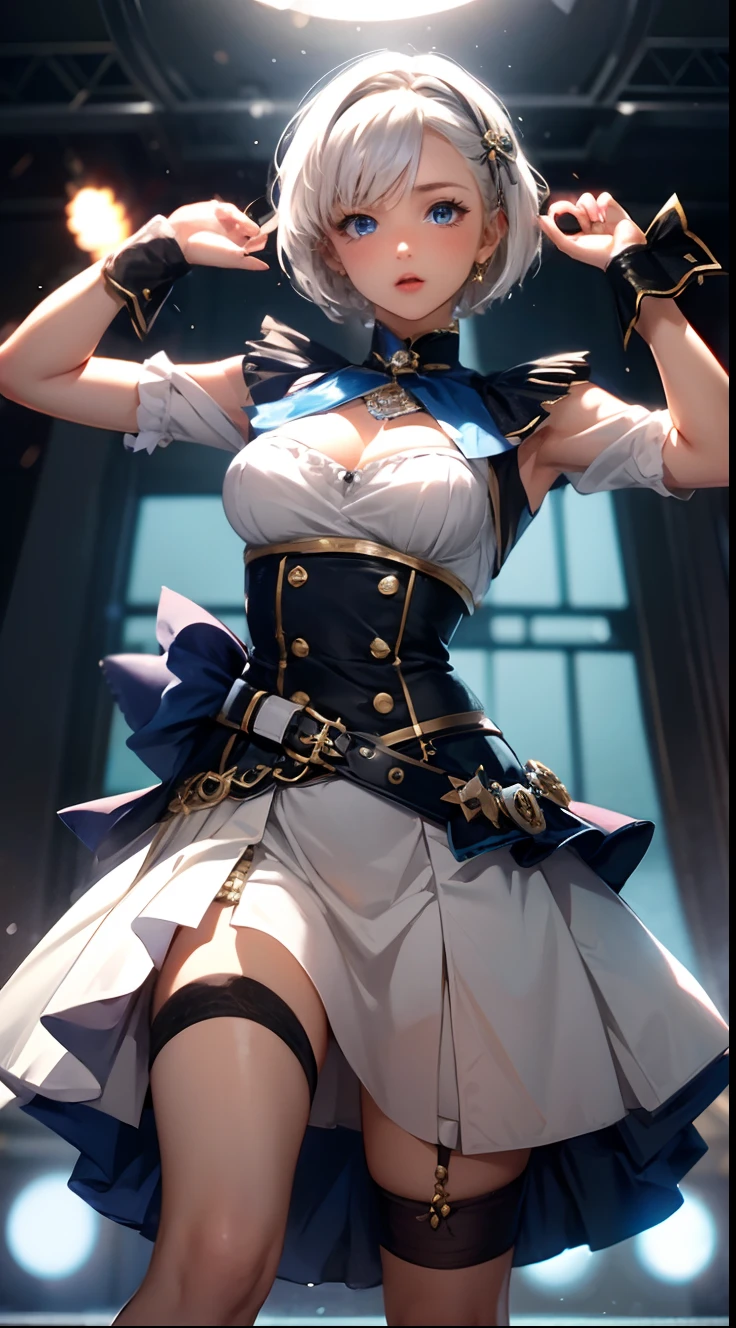 Blow up skirt, idol, mini skirt, small bust, detailed hand, short hair, white hair, blue eye, white dress