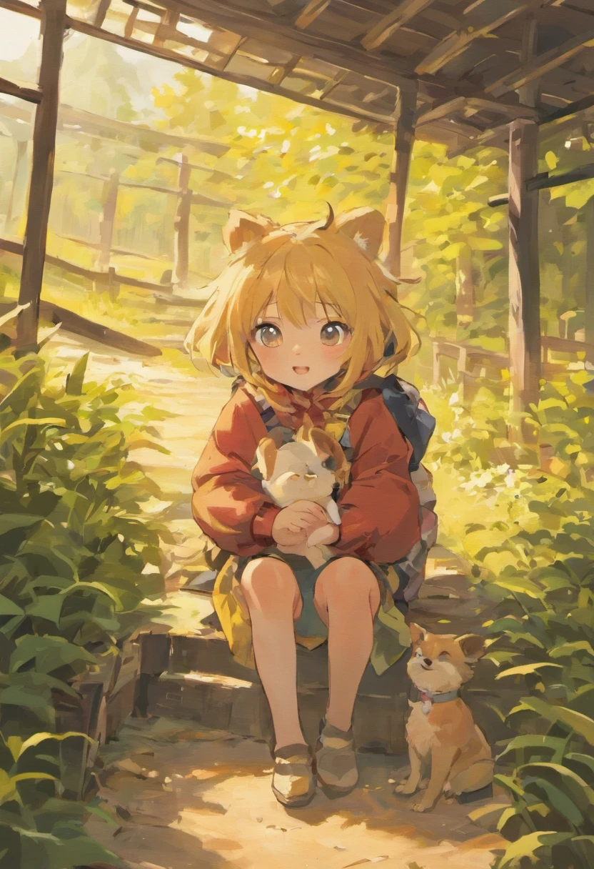 Anime girl sitting on a bench with a cat and a dog - SeaArt AI