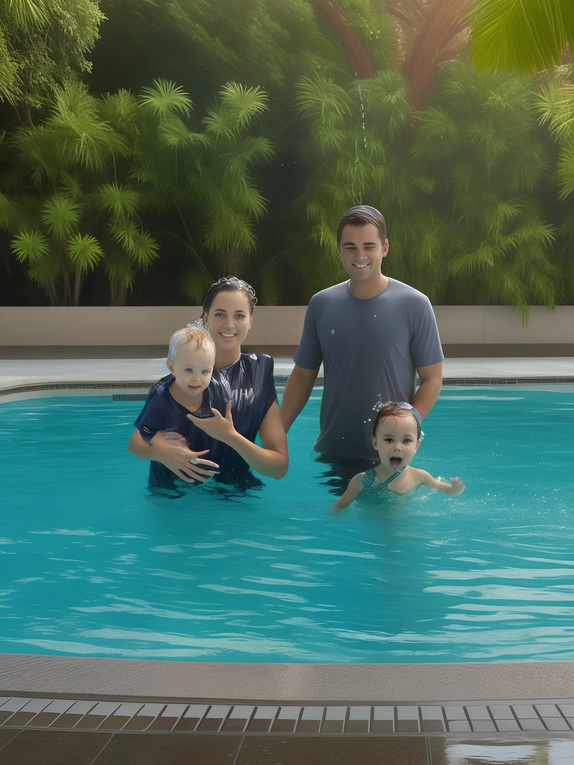 there are three people standing in a pool with a child, playing at swiming pool, in water! up to shoulders, stands in a pool of water, in a swimming pool, in water, in the water, gofl course and swimming, swimming, majestic masterpiece, baptism, playing with the water, swimmingpool, pool party, 3d pixar style