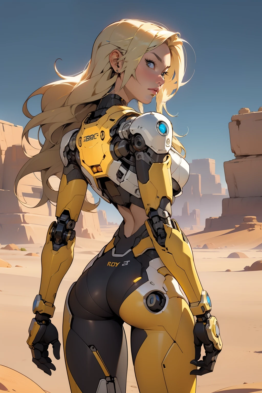 high quality, 4k, masterpiece, beautiful, cyborg girl, cowboy shot, dull eyes, back side, turning around to look at viewer, long blonde hair, girl, small breasts, fit thigh, robotic arms, robotic body, cyborg body, yellow accent, redaccent, intricate detail, joint, detailed lines, robotic detail, holding fist up, holding hand up as fist, color robotic parts, robotic parts with color, perfect fingers, on a desert planet, sunny background, colorful desert,