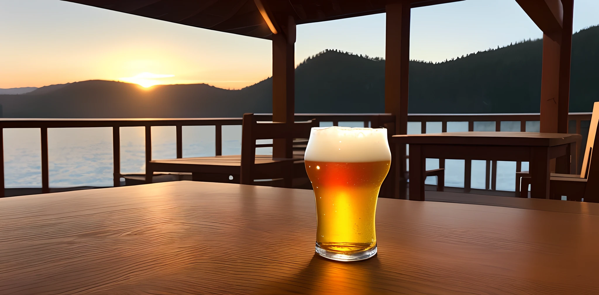 Generate a stunning and super-realistic 4K photo of a beer glass placed outdoors during sunset, perched on top of a wooden table. The scene should capture the serene ambiance of a relaxing evening. Use a Canon EOS R5 camera with a 50mm f/1.2 lens to achieve a natural yet captivating composition. The lighting should simulate the cinematic feel of warm sunset hues, casting a soft, golden glow across the scene. The sunlight should gently illuminate the beer glass, highlighting its details and creating reflections on the glass surface. The wooden table should exhibit texture and depth, with intricate details visible in the grain of the wood. The overall atmosphere should evoke a sense of calm and contentment, inviting viewers to imagine themselves savoring the moment with a refreshing drink. Ensure that the lighting creates subtle shadows and highlights, enhancing the realism of the photo. The final image should exude a lifelike quality that captures the beauty of enjoying a beer outdoors as the sun sets.