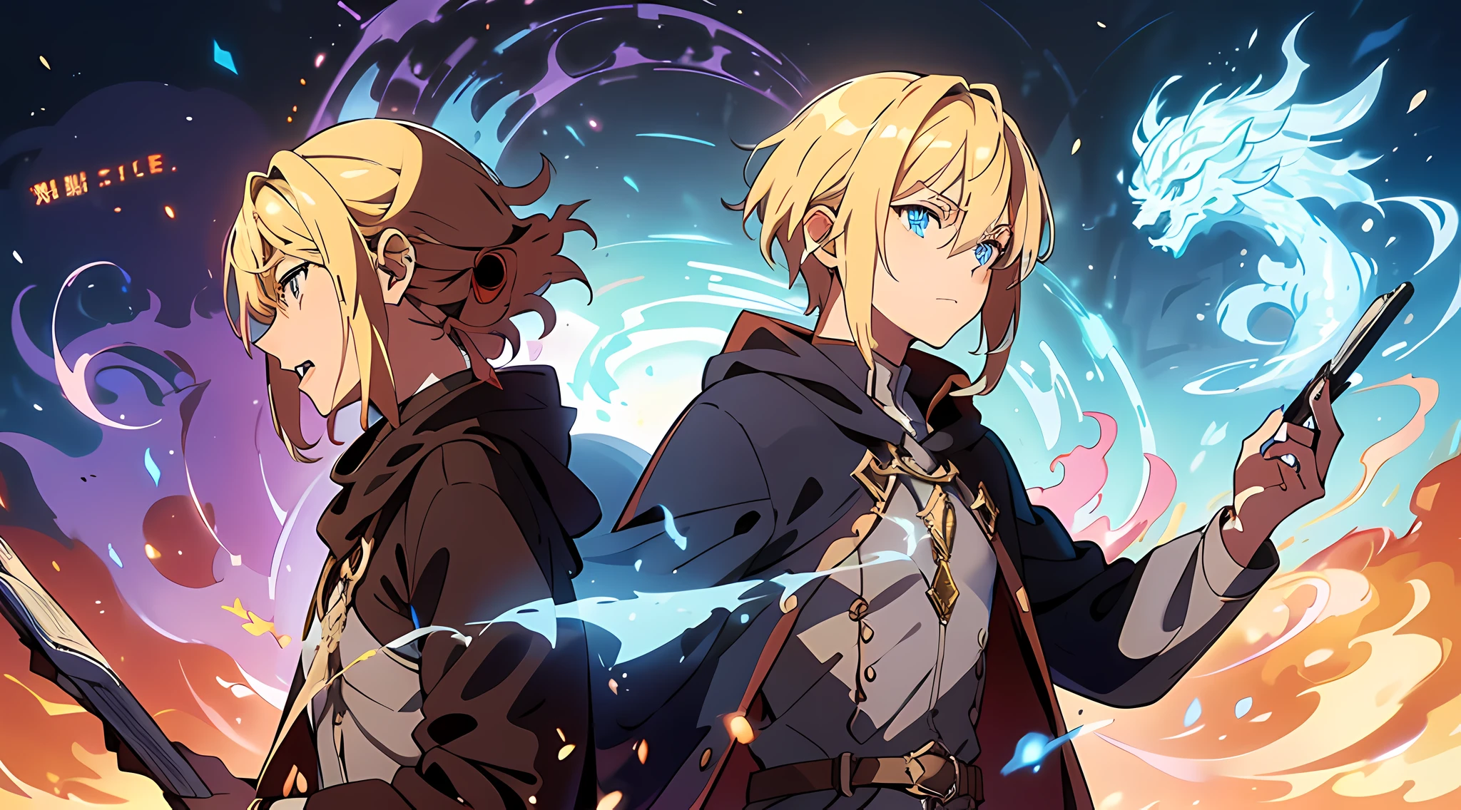 masterpiece, In a world where magic and technology exist side by side, a young man (blonde hair, short hair) sets out on a journey to hone their skills and uncover the secrets of their powers, beautiful eyes finely detailed, angry facial expression. Along the way, they meet a diverse cast of characters, including other mages, robots, and creatures from beyond their world. As they travel through fantastical lands and face incredible challenges, the mage must learn to harness the full potential of their abilities and unlock the true potential of magic in the modern age. he also fight with unknown creatures.