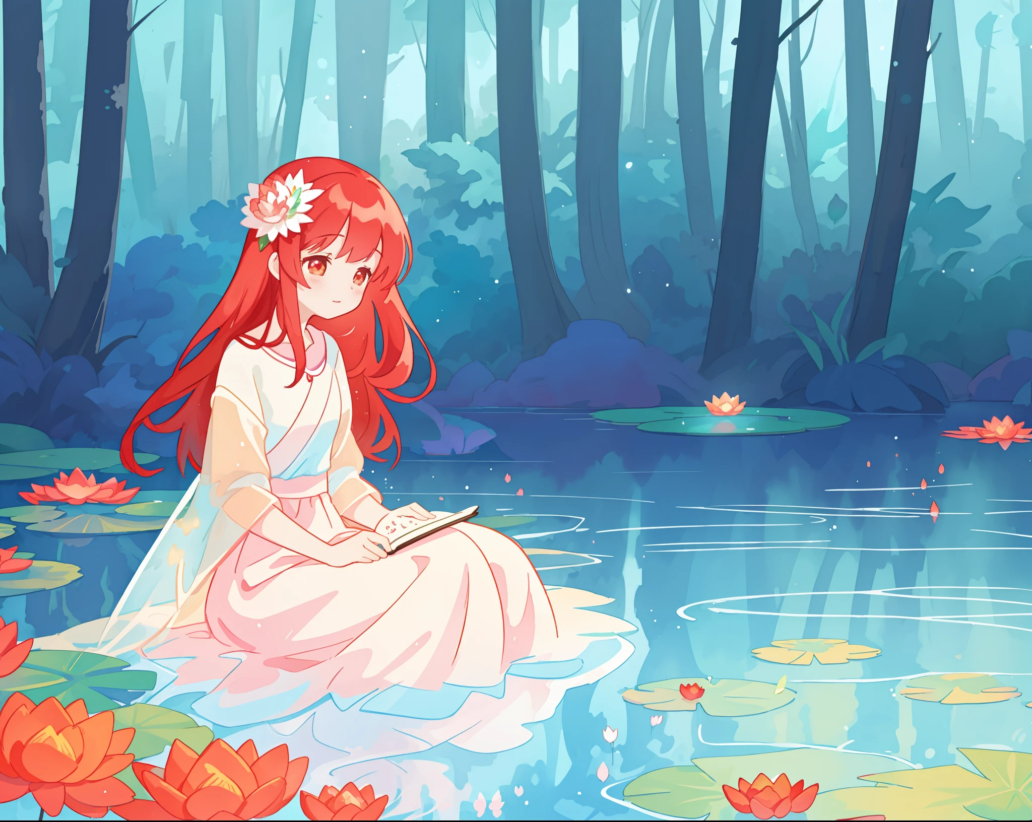 beautiful girl in white sitting in the water, long red hair, magical forest background, red water lilies in the water, beautiful lake of water, watercolor illustration, disney art style, glowing aura around her, glowing lights, beautiful digital illustration, fantasia otherworldly landscape plants flowers, beautiful, masterpiece, best quality, anime disney style