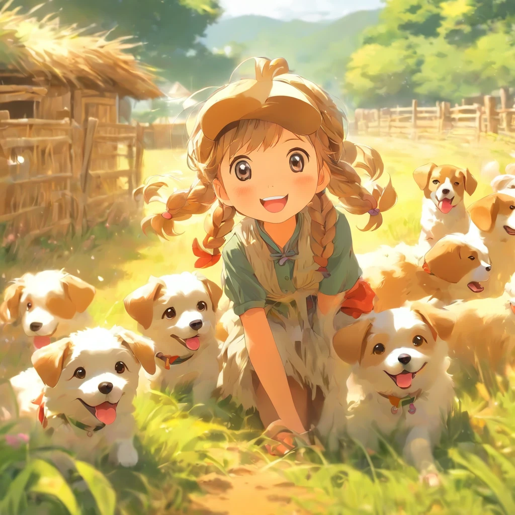 1  rural girl and( 4 pcs)Happy puppy，Play on the farm。Best quality at best，The best artwork，rich colours，Originality