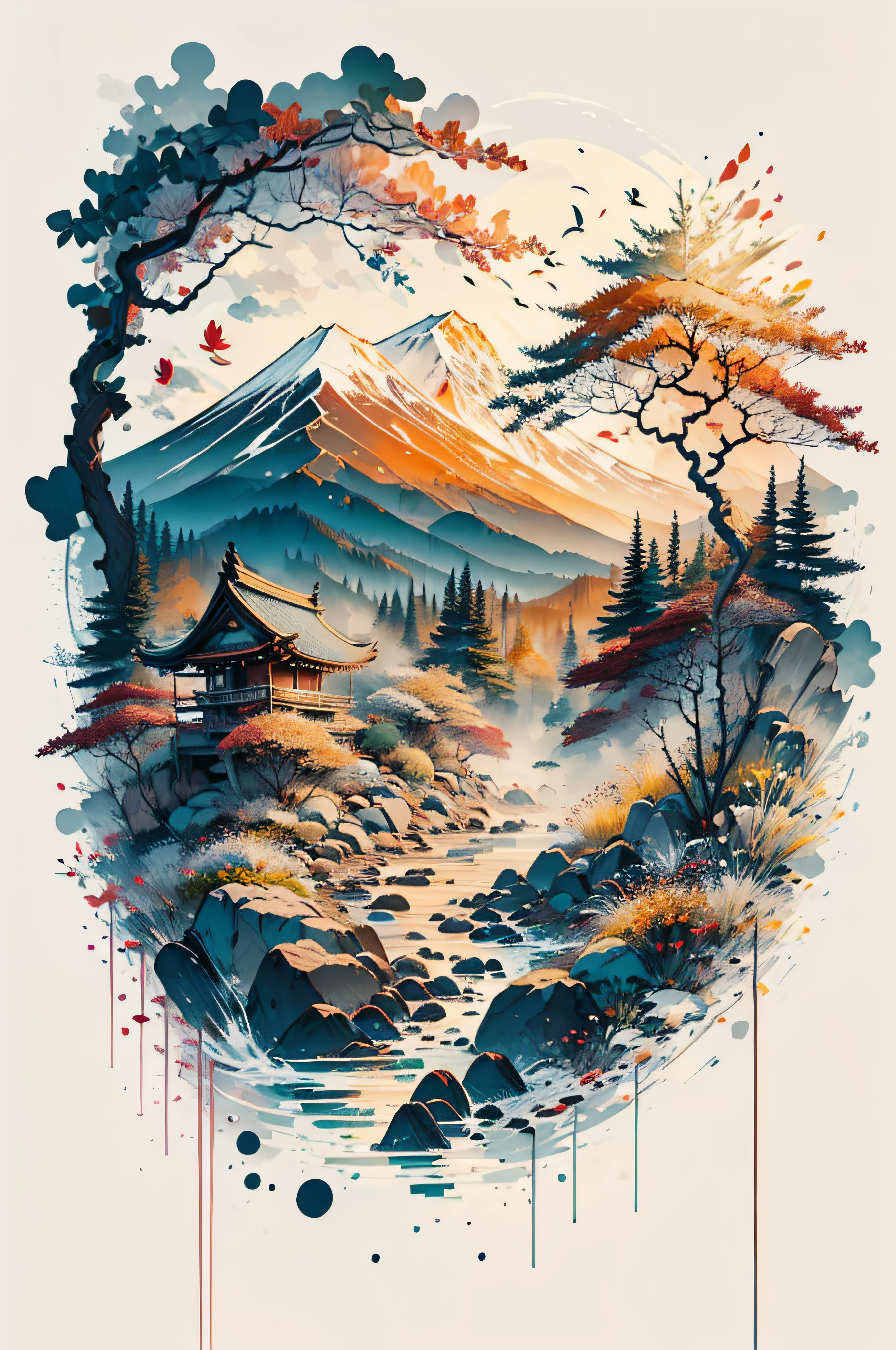 white background, Fuji mount, autumn leaves, Print-ready vector T-shirt design, snow, sun, Full shot, 8K resolution, Impressive illustration, white surround image