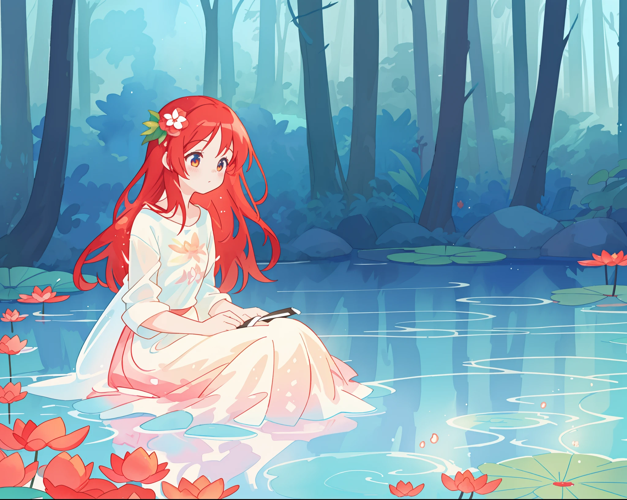 beautiful girl in white sitting in the water, long red hair, magical forest background, red water lilies in the water, beautiful lake of water, watercolor illustration, disney art style, glowing aura around her, glowing lights, beautiful digital illustration, fantasia otherworldly landscape plants flowers, beautiful, masterpiece, best quality, anime disney style