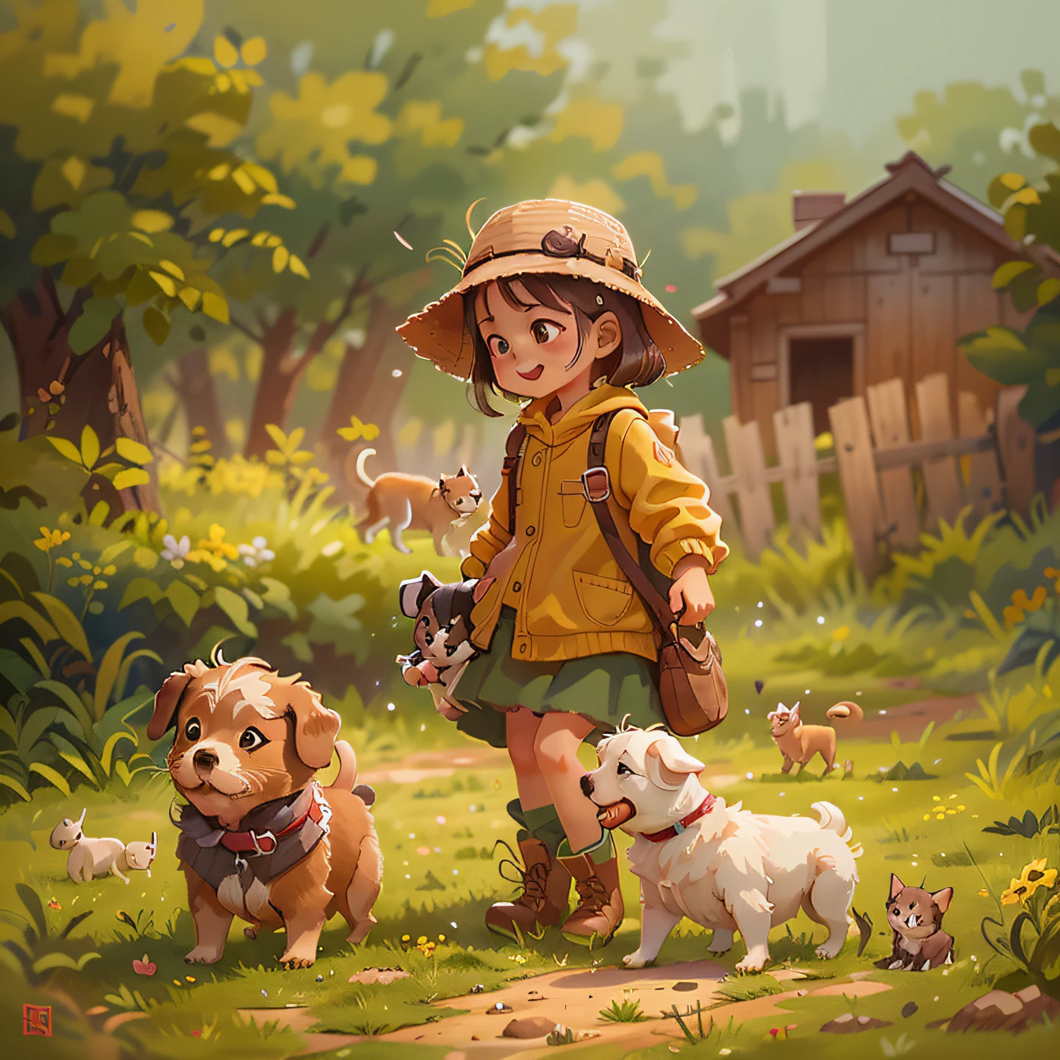 1  rural girl and( 4 pcs)Happy puppy，Play on the farm。Best quality at best，The best artwork，rich colours，Originality