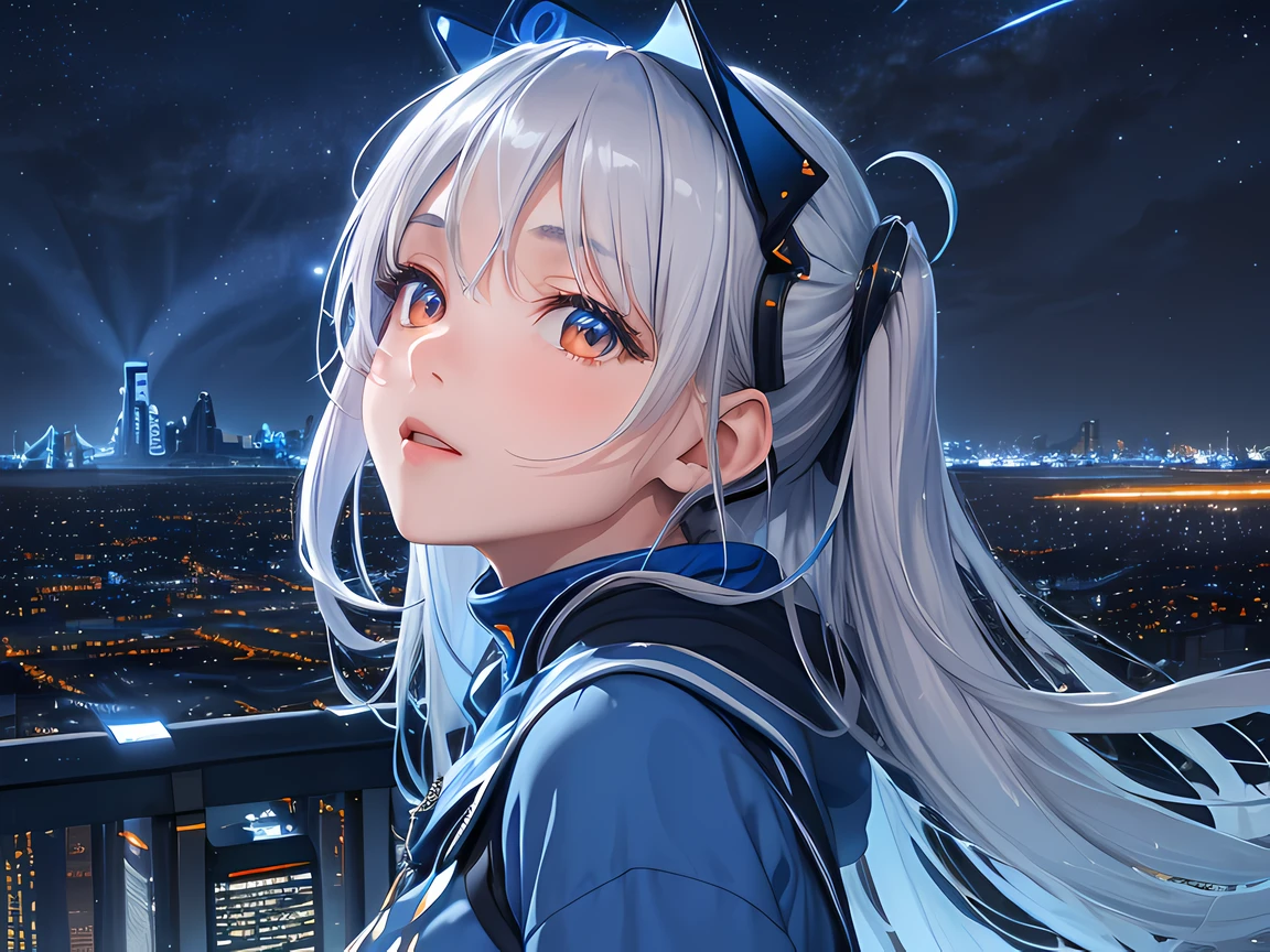 masterpiece, best quality, 1 girl, gray hair, (orange eyes), (blue hoodie:0.6), (looking up at the sky), from side, (night:1.6), (blue city skyline:1.3), (blue city lights:1.8), (blue stars), upper body, happy, blue shooting stars