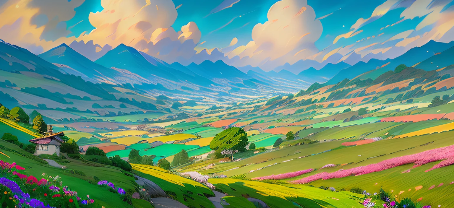 Anime landscape with lakes and mountains as a background, anime countryside landscape, Anime landscape, anime landscape wallpapers, gigantic landscape!, Anime landscapes, beautiful anime scenery, distant village background, Anime background art, Detailed scenery —width 672, epic landscapes, Anime landscape concept art, anime backgrounds, View of Ghibli Studio, landscape artwork, lindo cenario, serene vast landscape,The colors are more colorful,There is also a sunset in the sky
