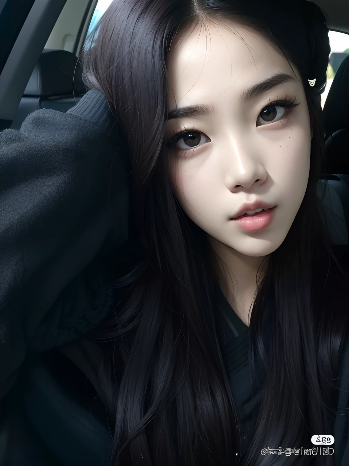 mulher arrogante com cabelos longos sentada em um carro com um capuz preto, wan adorable korean face, young adorable korean face, Ulzzang, young cute wan asian face, Mulher sul-coreana bonita, menina coreana, linda mulher coreana jovem, jennie blackpink, korean face features, com bonito - fino - rosto, belo rosto redondo, beautiful aesthetic face