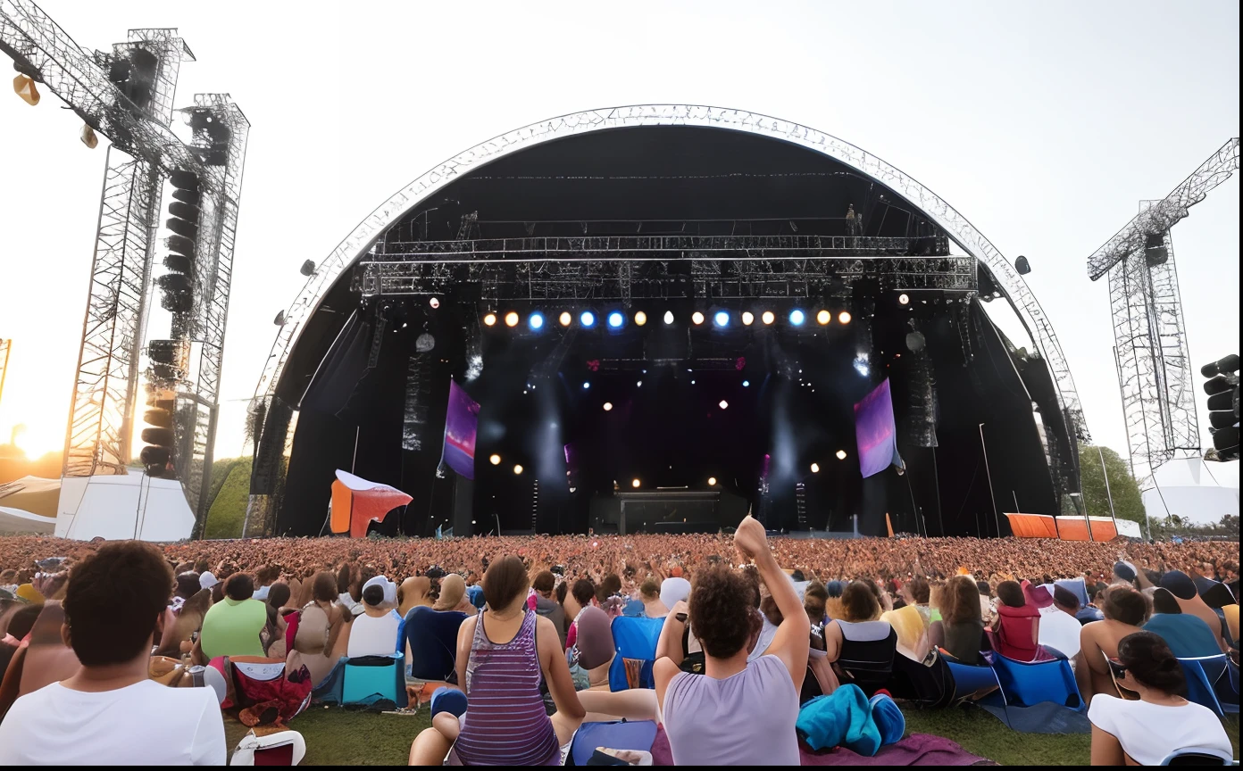 Crowd at a concert in front of a stage, um palco de festival ao ar livre, music festival, Festivais latina, in front of a large crowd, sao paulo, Ultra tiro muito longo, festival, palco, giant crowd, palco preto, Three panels with colorful images, Public, open space, realista, Full HD (FHD), Neutral background.