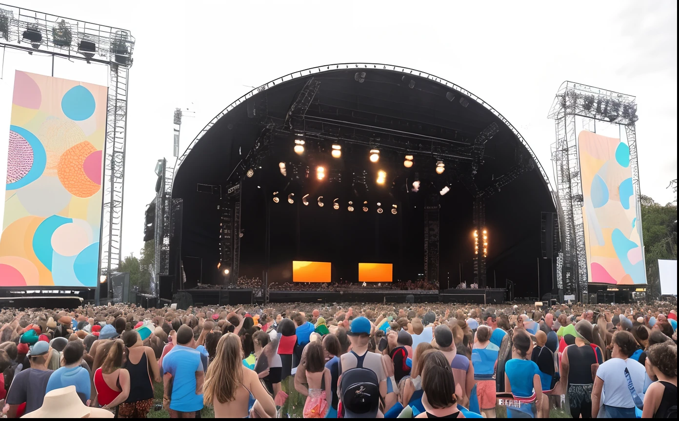 Crowd at a concert in front of a stage, um palco de festival ao ar livre, music festival, Festivais latina, in front of a large crowd, sao paulo, Ultra tiro muito longo, festival, palco, giant crowd, palco preto, Three panels with colorful images, Public, open space, realista, Full HD (FHD), Neutral background.