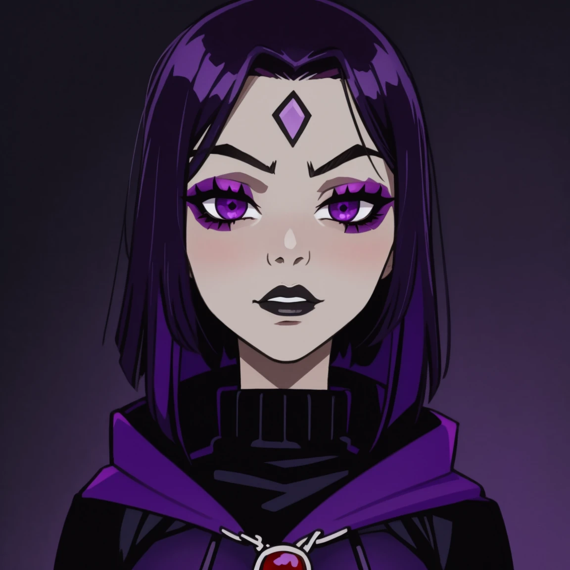 Raven, teen titans, purple sweater, jeans, goth girl, autumn forest background, detailed, detailed, detailed, beautiful, detail, goth girl, masterpiece, purple clothes, red jewel centre head, dark night background, gothic, goth, goth, detailed, goth girl, piercings, detailed face, looking viewer, raven, (Dark eye shadow) dark eye shadow, black eye shadow, sweater, jumper, sweater, sweater