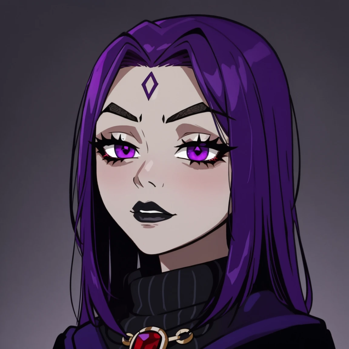 Raven, teen titans, purple sweater, jeans, goth girl, autumn forest background, detailed, detailed, detailed, beautiful, detail, goth girl, masterpiece, purple clothes, red jewel centre head, dark night background, gothic, goth, goth, detailed, goth girl, piercings, detailed face, looking viewer, raven, (Dark eye shadow) dark eye shadow, black eye shadow, sweater, jumper, sweater, sweater
