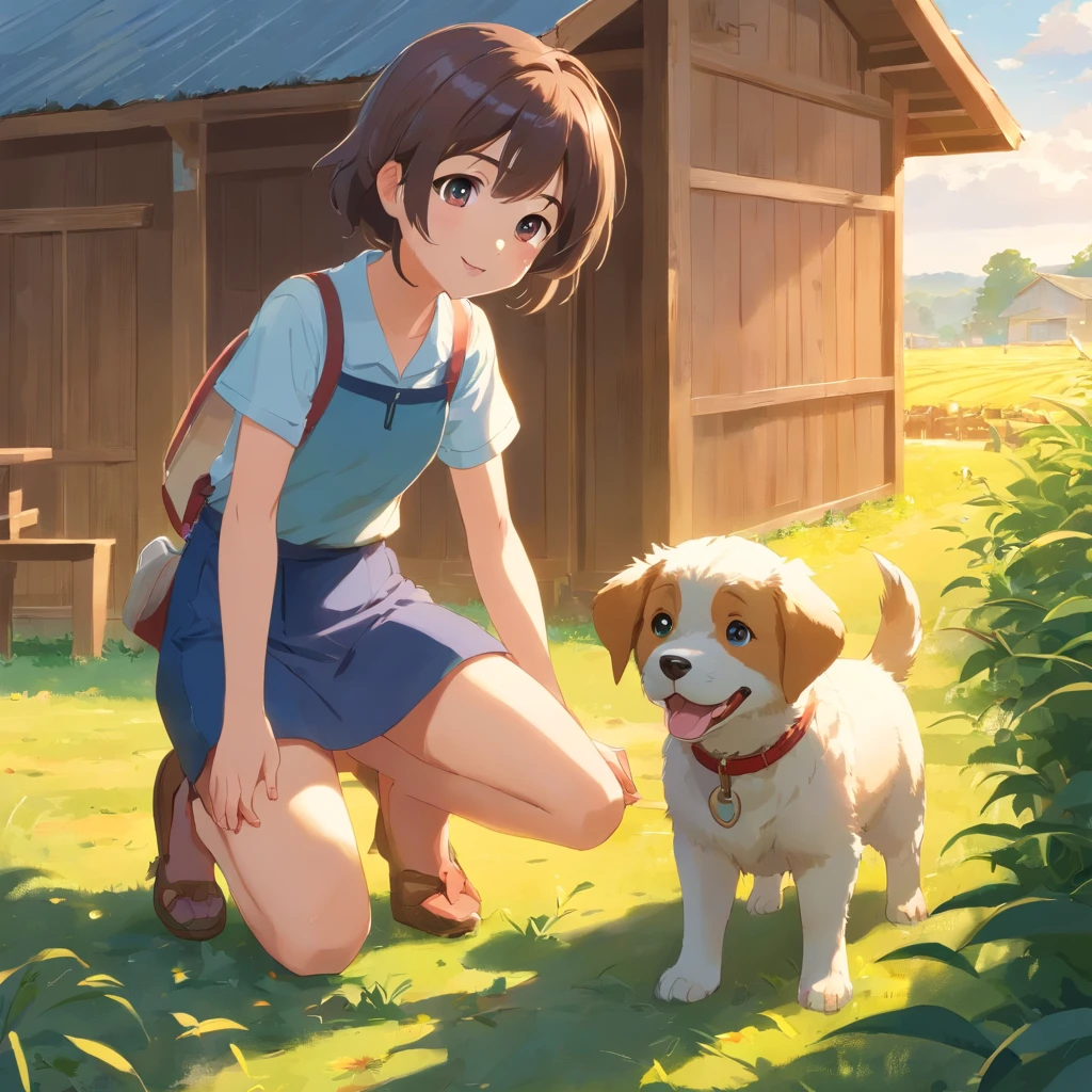 1 little rural girl and( 4 pcs)Happy puppy，Play on the farm。Best quality at best，The best artwork，rich colours，Originality
