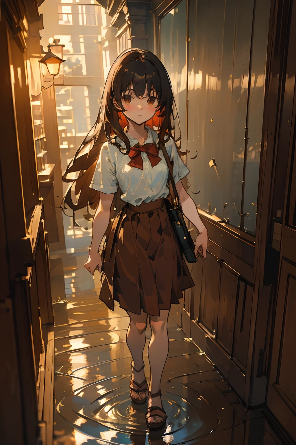 (masterpiece,best quality, ultra-detailed), (impressionism:1.4) 1girl, tall girl, arms at sides, bangs, black hair, blurry, book, book stack, bookshelf, brown eyes, brown hair, closed mouth, food, fruit, full body, hallway, indoors, library, long hair, long skirt, looking at viewer, mysterious, red skirt, reflective floor, sandals, shirt, short sleeves, skirt, solo, standing, sunlight, t-shirt, walking, white shirt, window